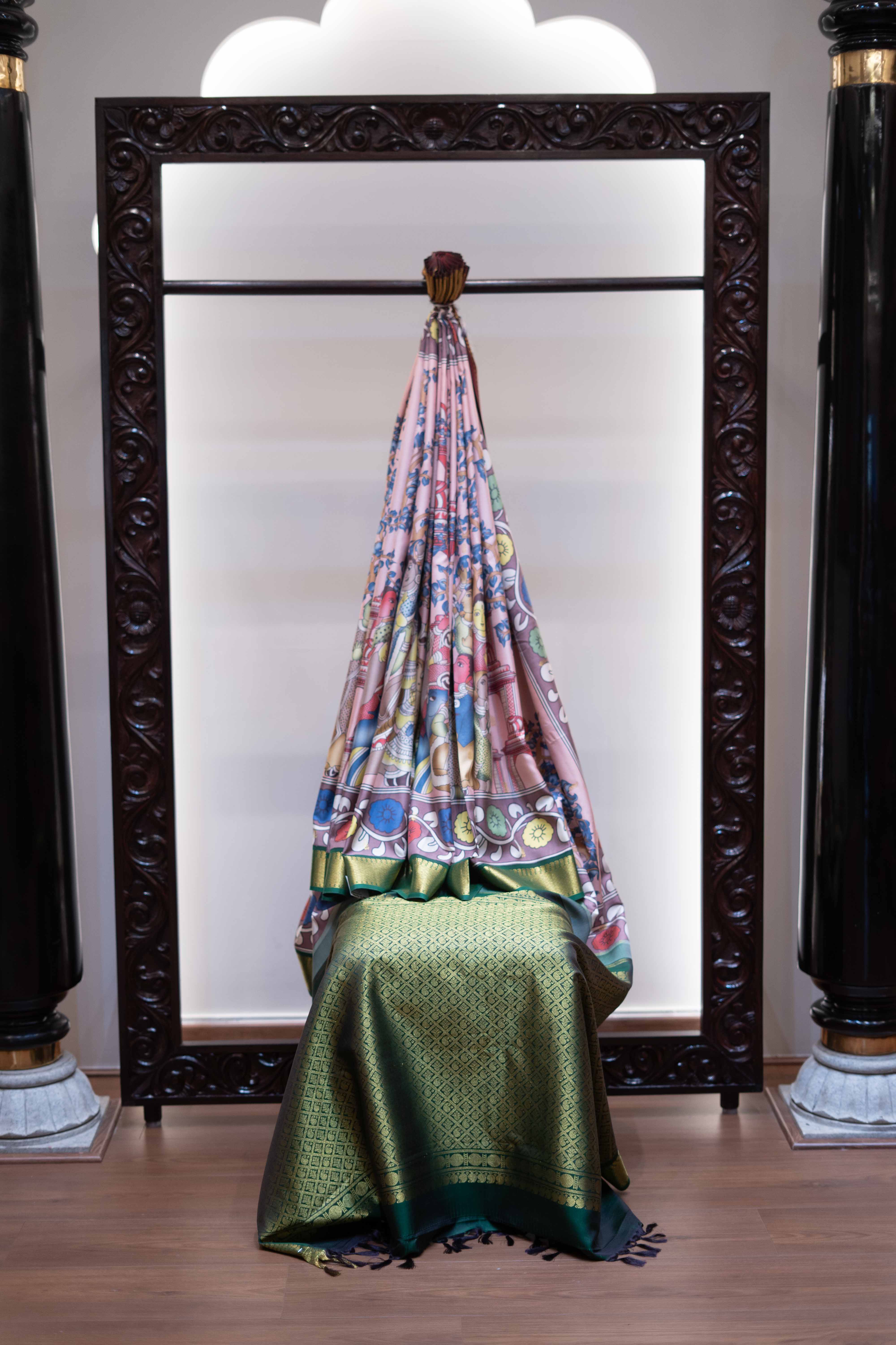 PURE KANCHIPURAM CREPE SILK SAREE WITH GREY AND MAROON LONG ZARI BORDER