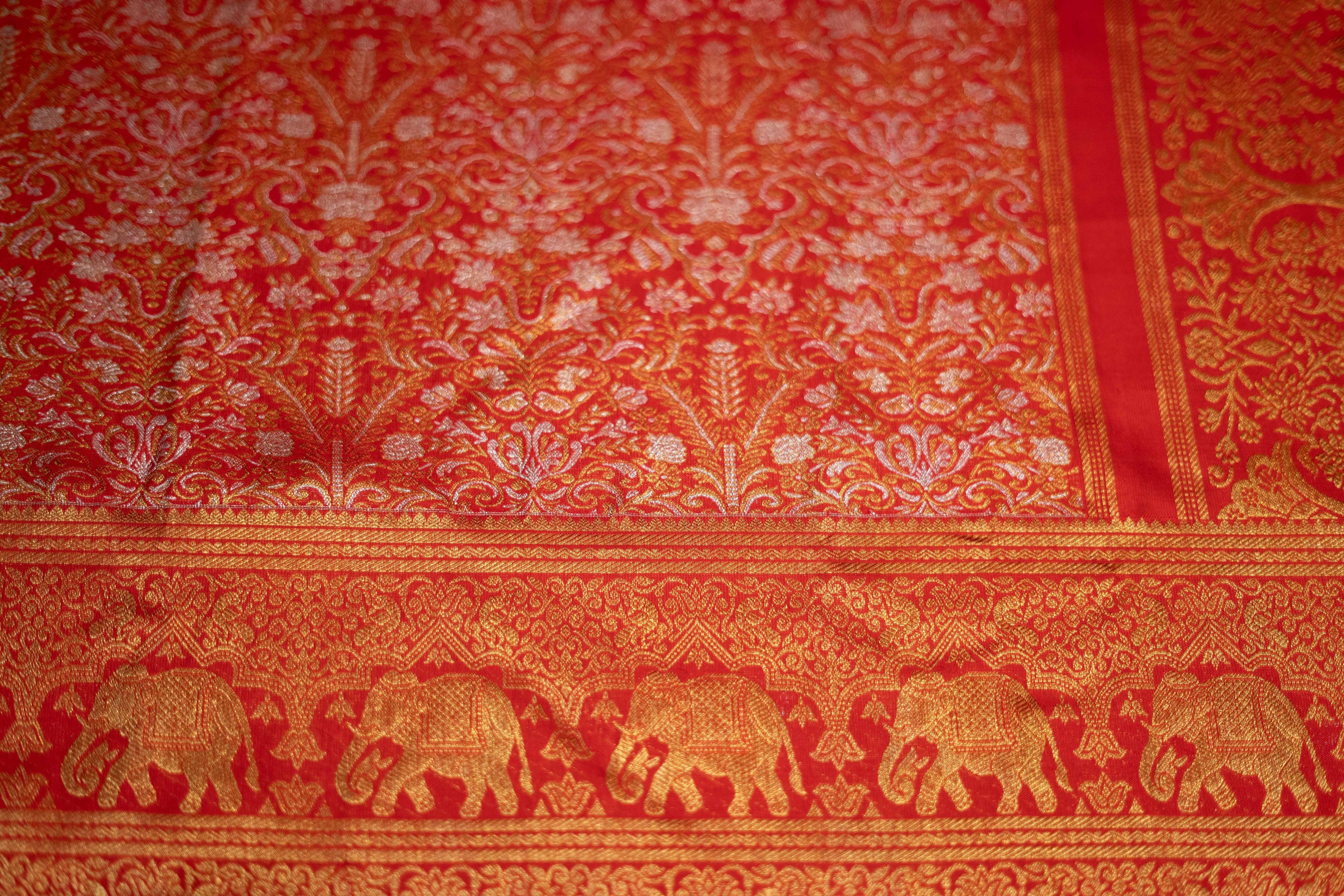Cherry Red Kanchipuram Tissue Saree