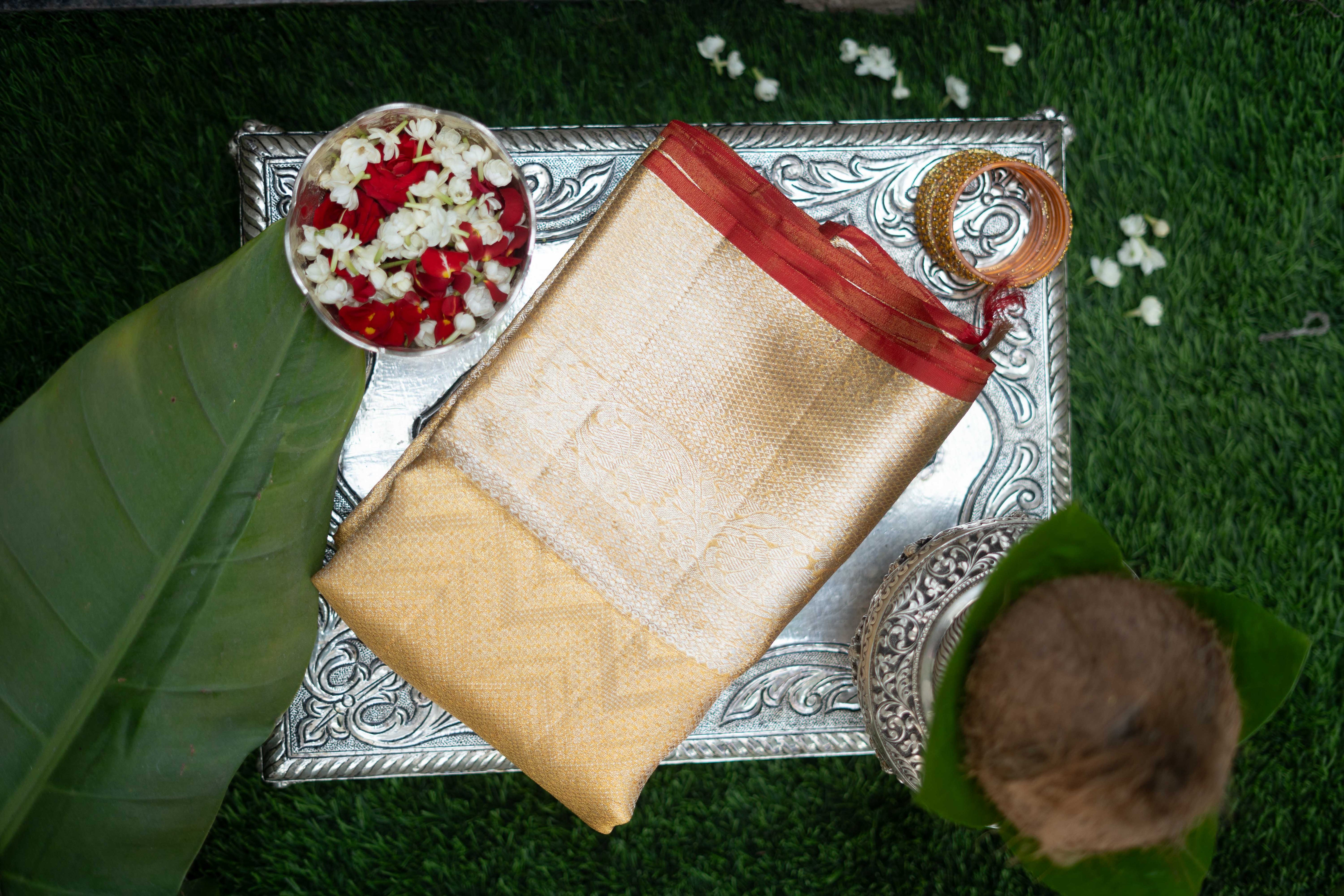 Pure Kanchivaram Saree - Gold With Red Border