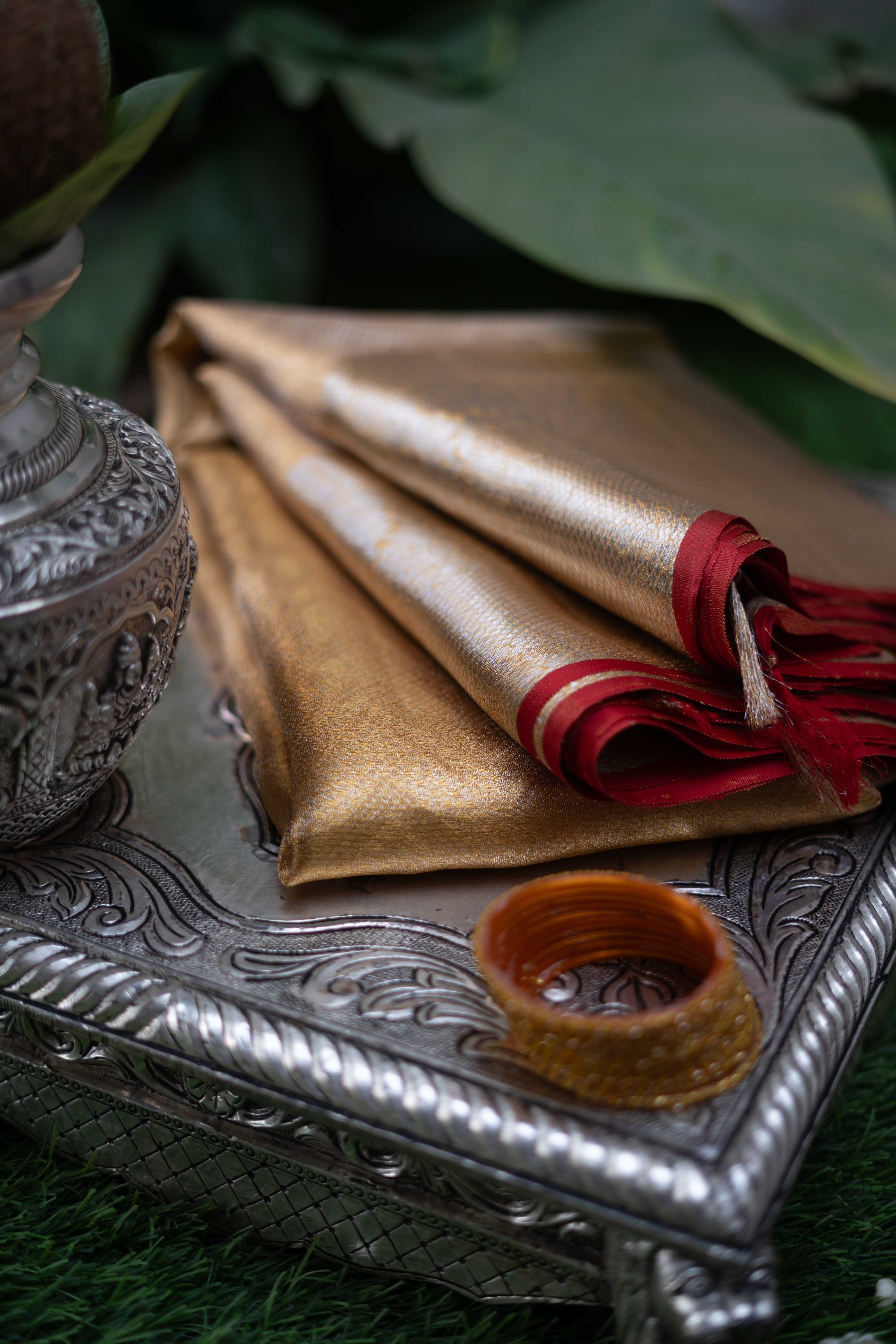 Pure Kanchivaram Saree - Gold With Red Border