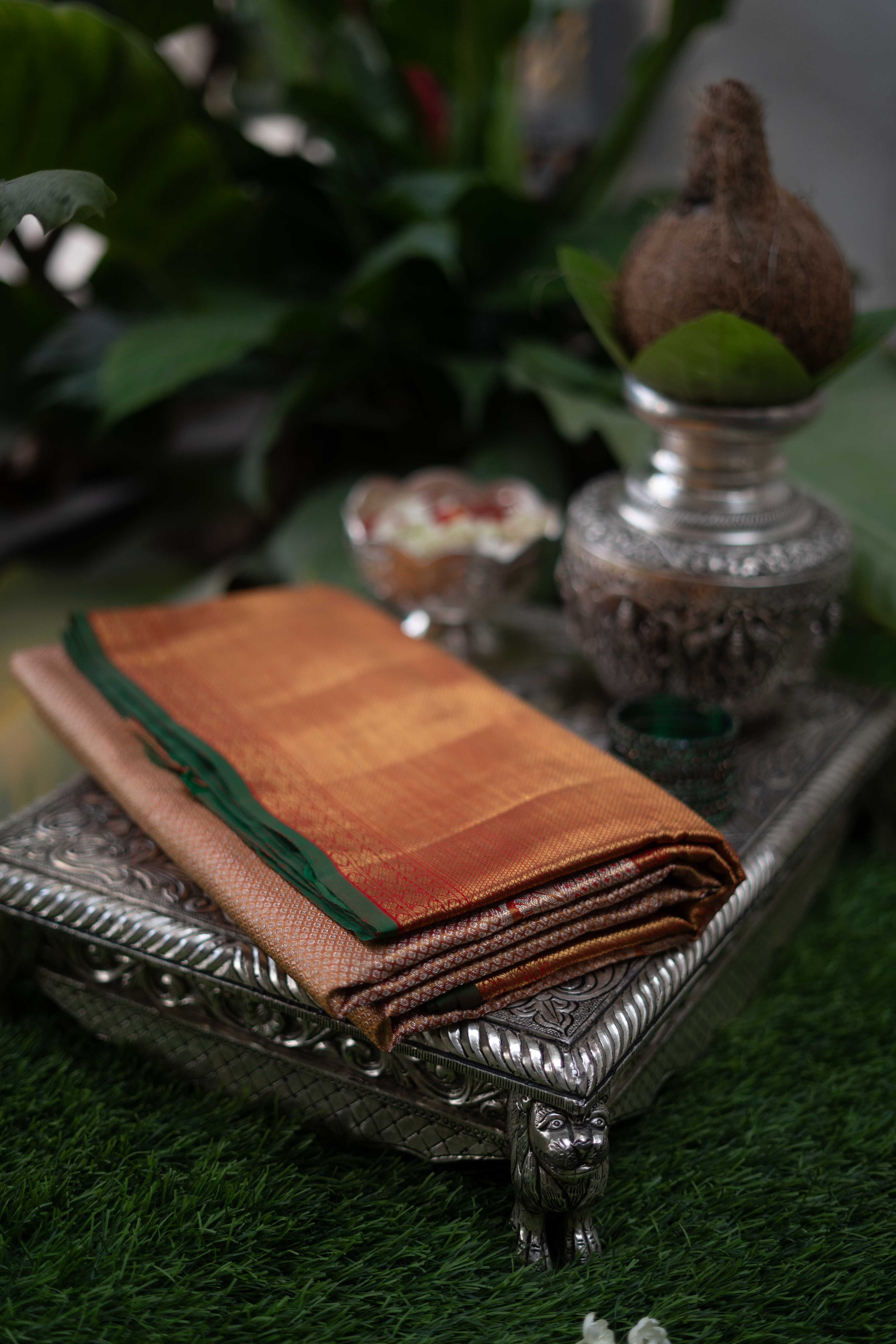 Pure Kanchivaram Saree - Gold With Red And Green Border