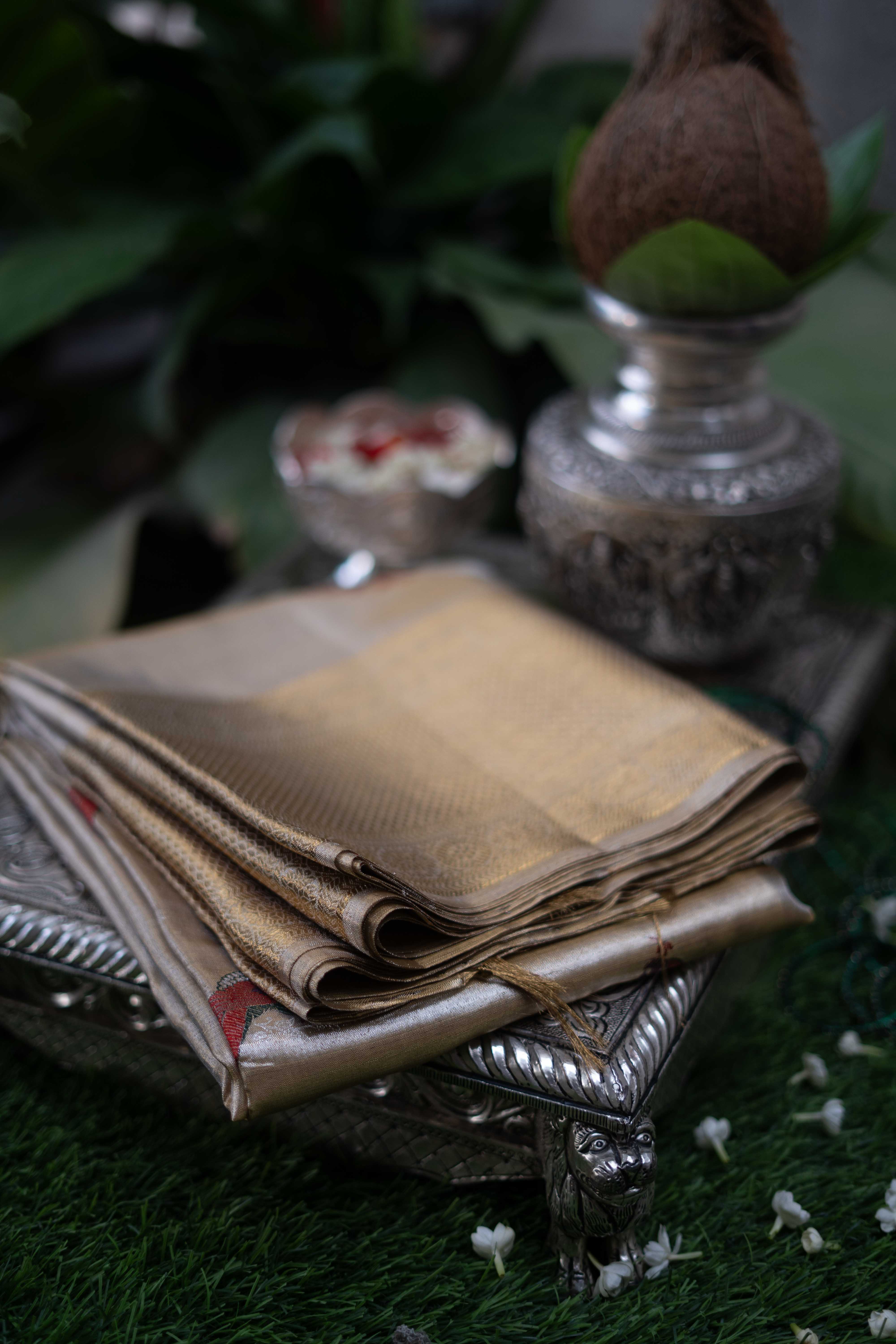 Pure Kanchivaram Saree - Gold With Red Border