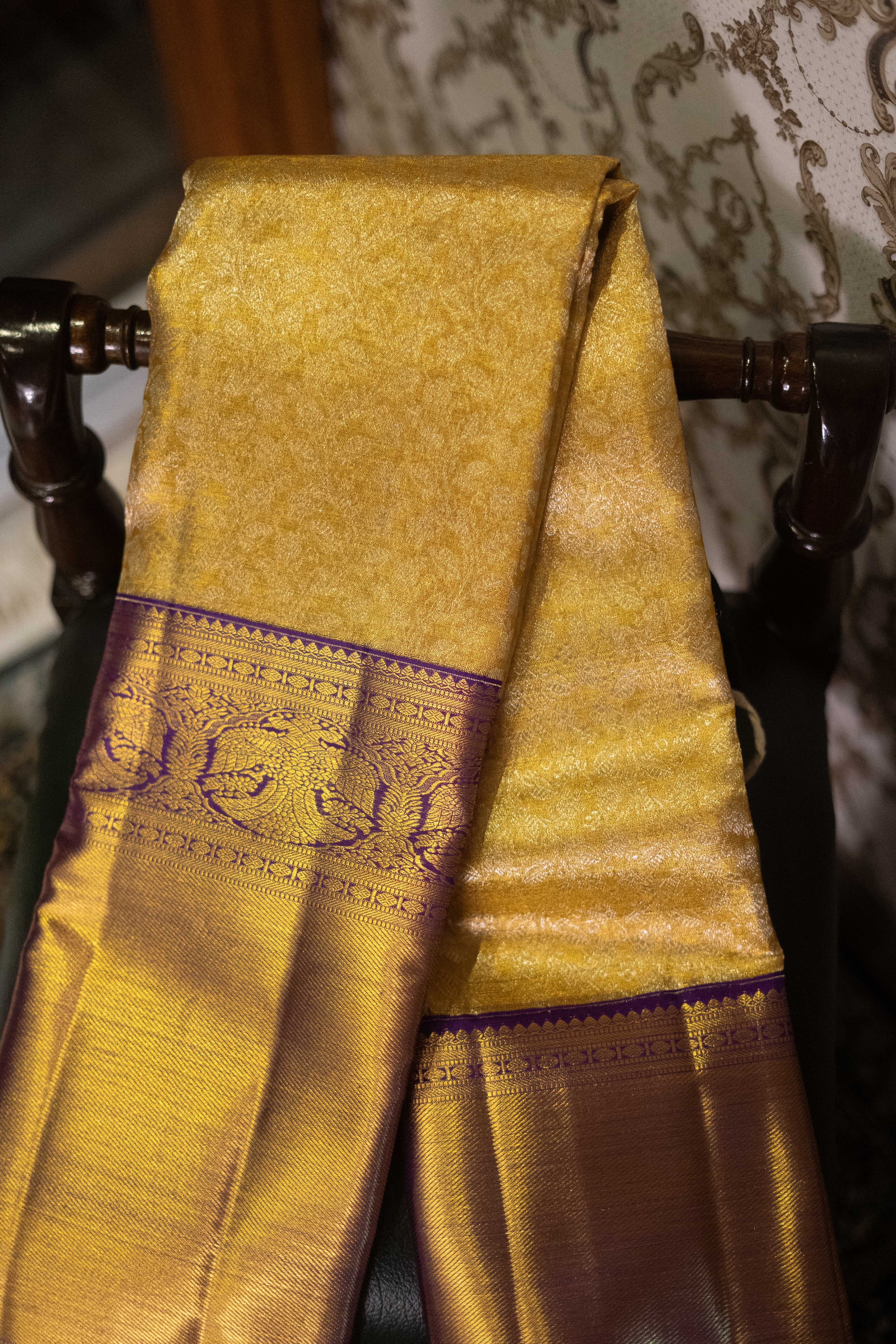 Pure Kanchipuram Silk Saree - Yellow With Purple Border