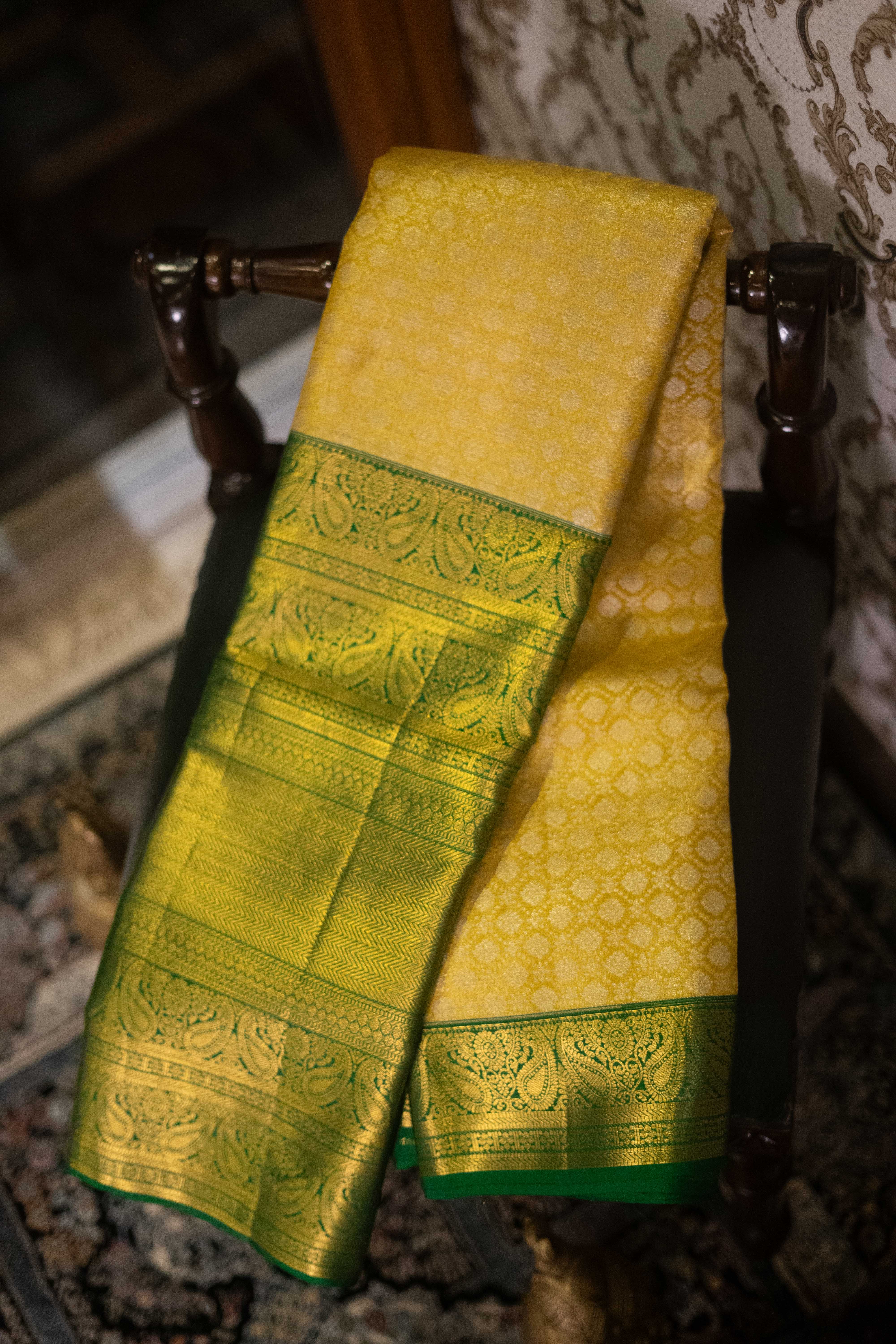 Pure Kanchipuram Silk Saree - Yellow With Green Border