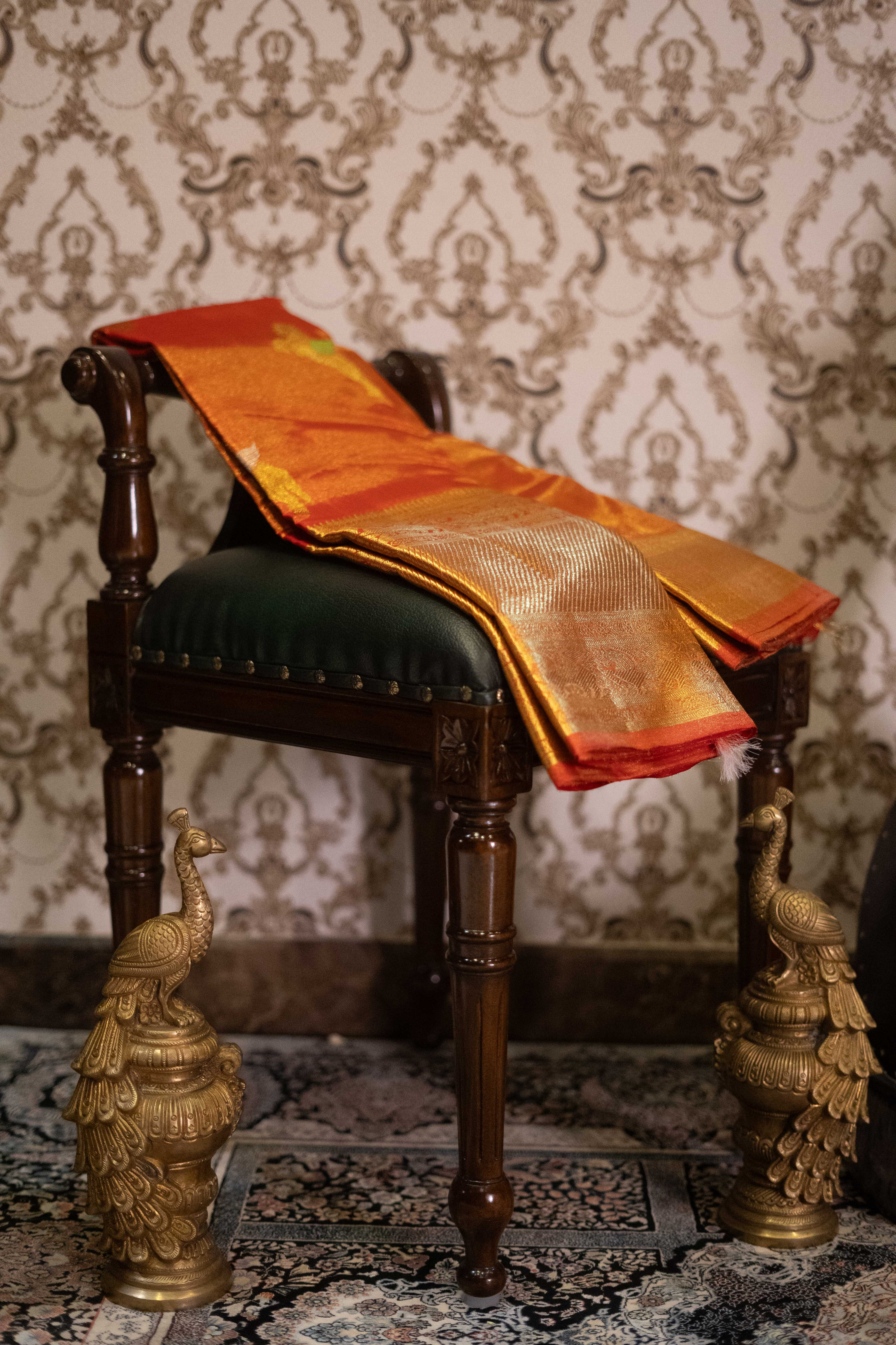 Pure Kanchipuram Silk Saree - Orange With Gold Zari Border