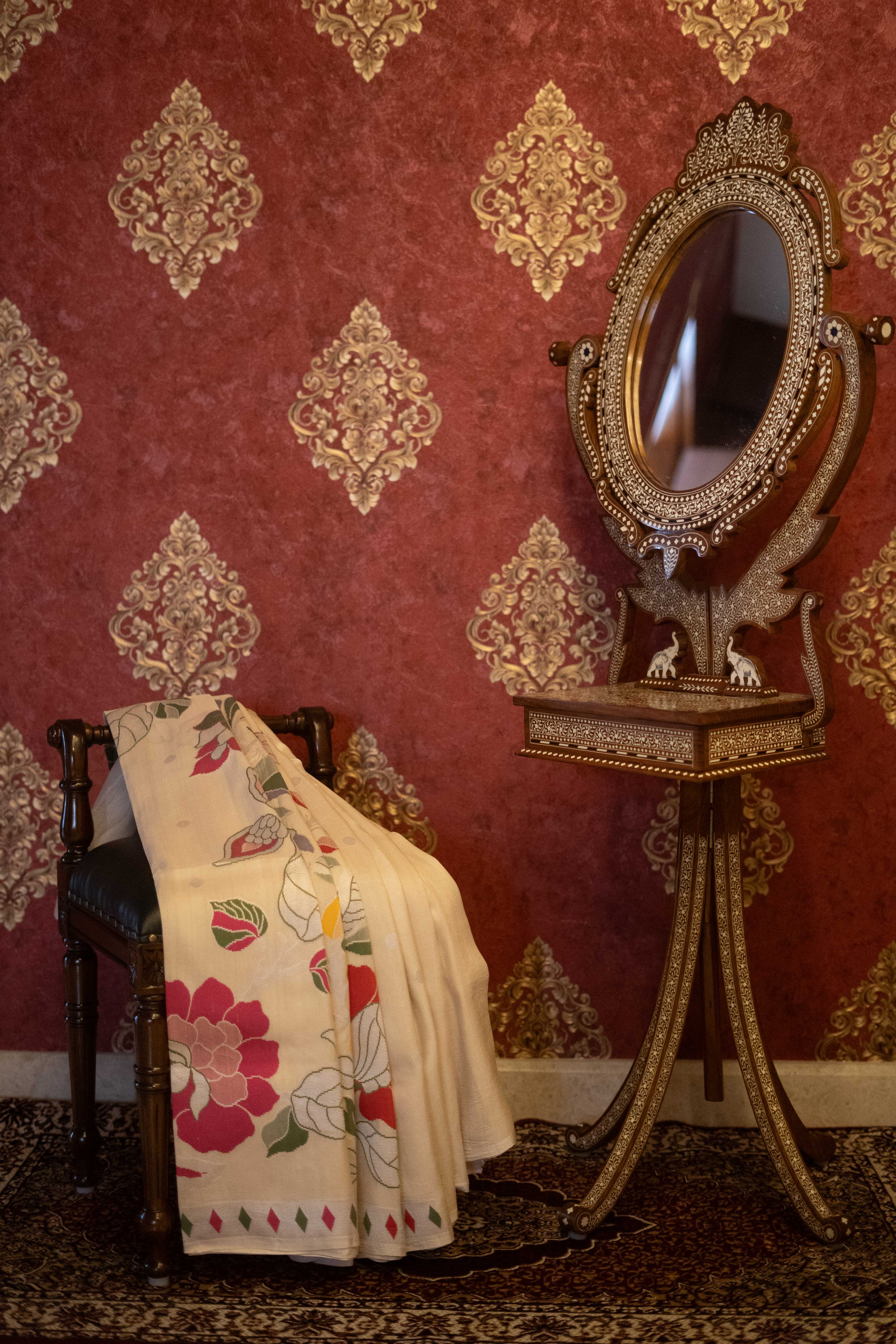 Pure Tussar Georgette Saree - Cream With Floral Print