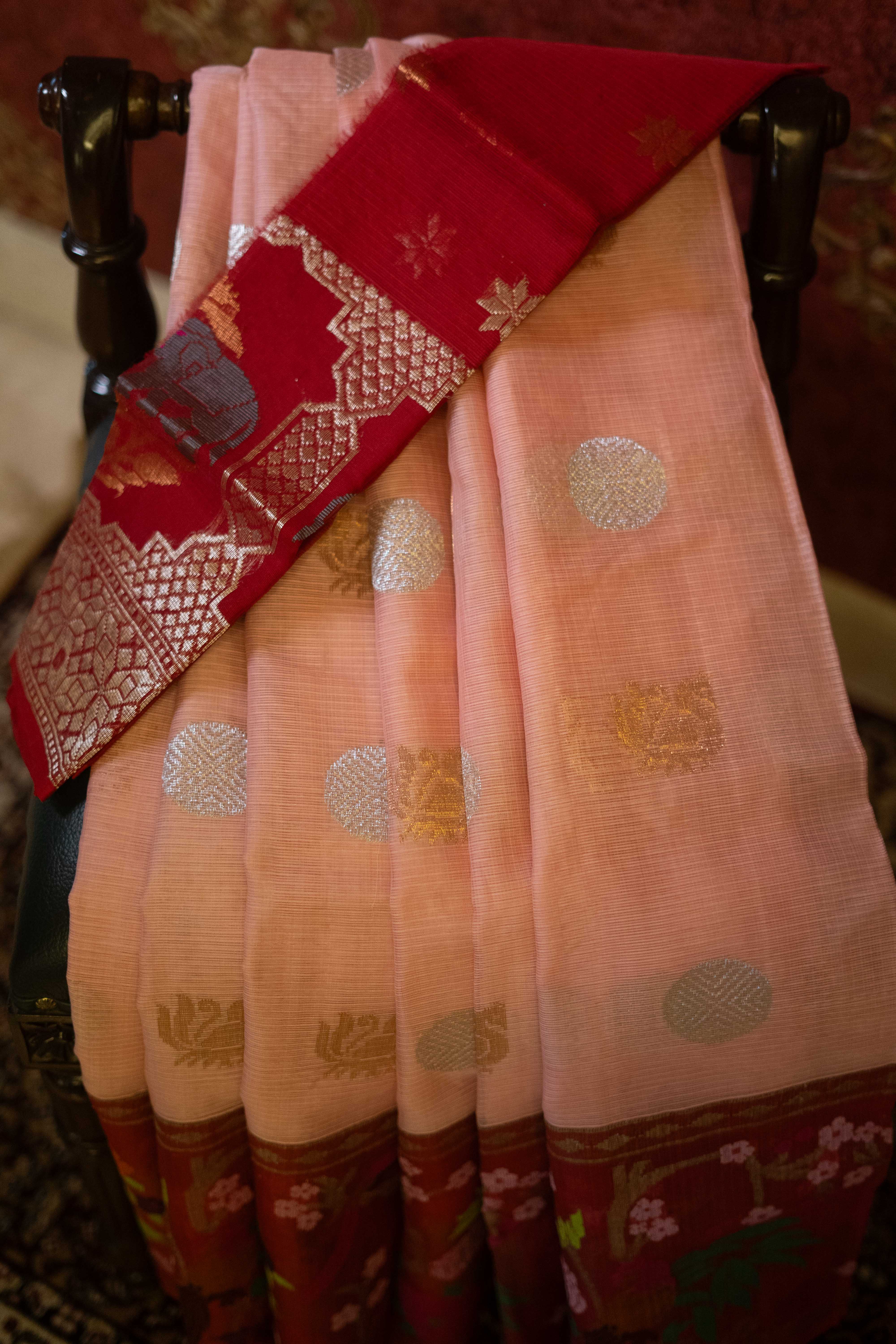 Pure Zari Kota Doria Silk Saree - Pink With Red Border