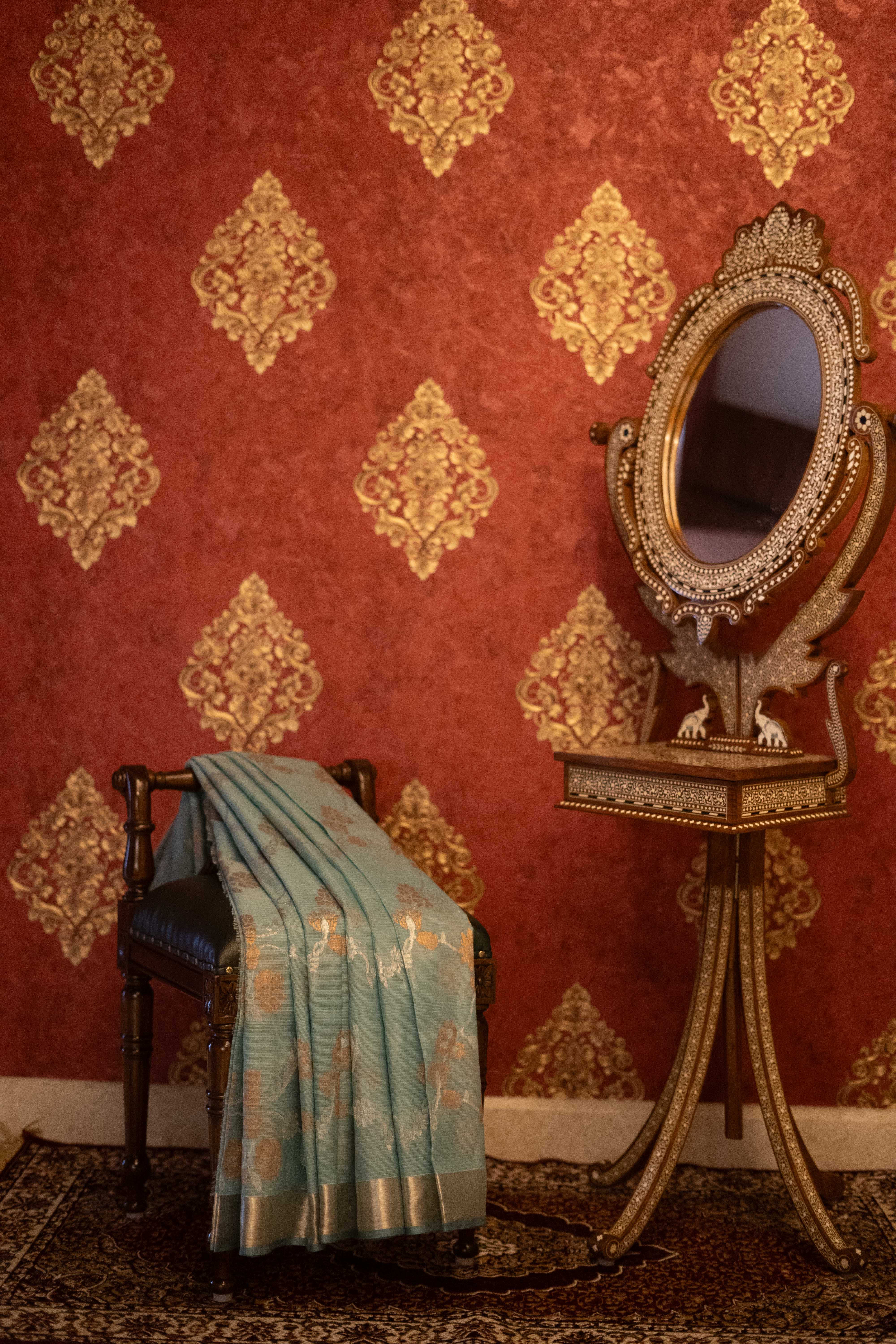 Pure Zari Kota Doria Silk Saree - Aqua Blue