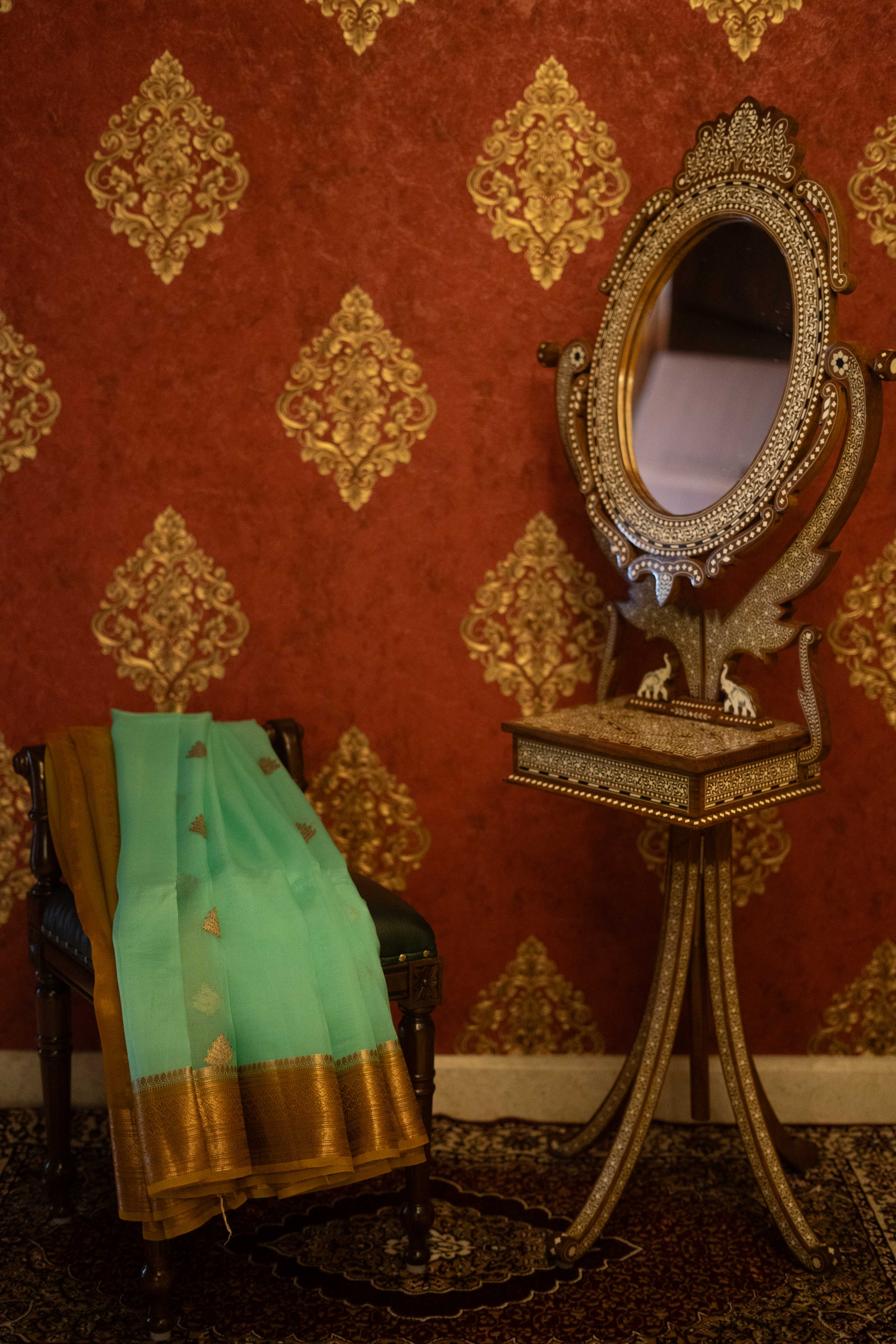 Organza Saree - Aqua Blue With Yellow