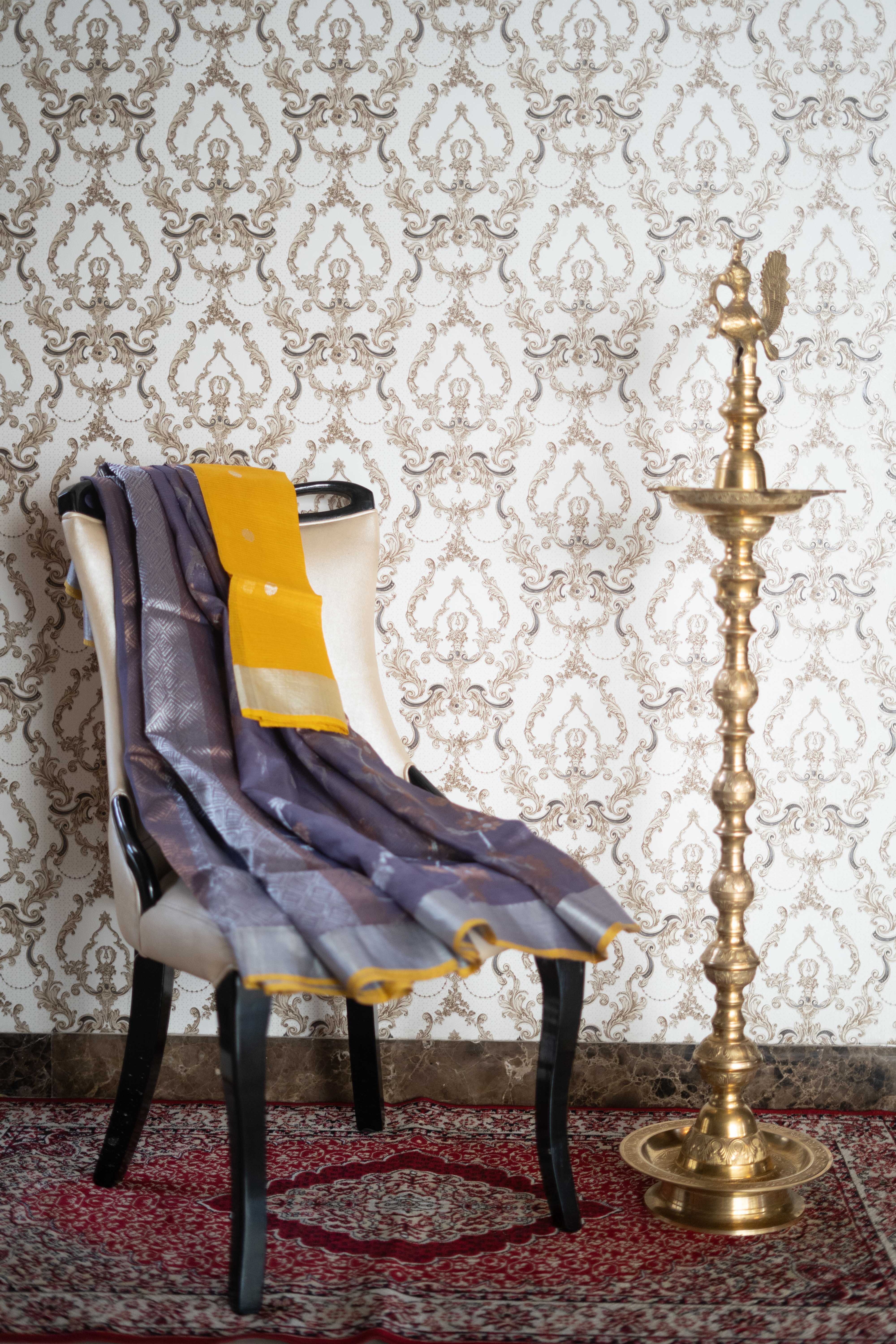 Pure Zari Kota Doria Silk Saree - Lavender With Yellow Blouse