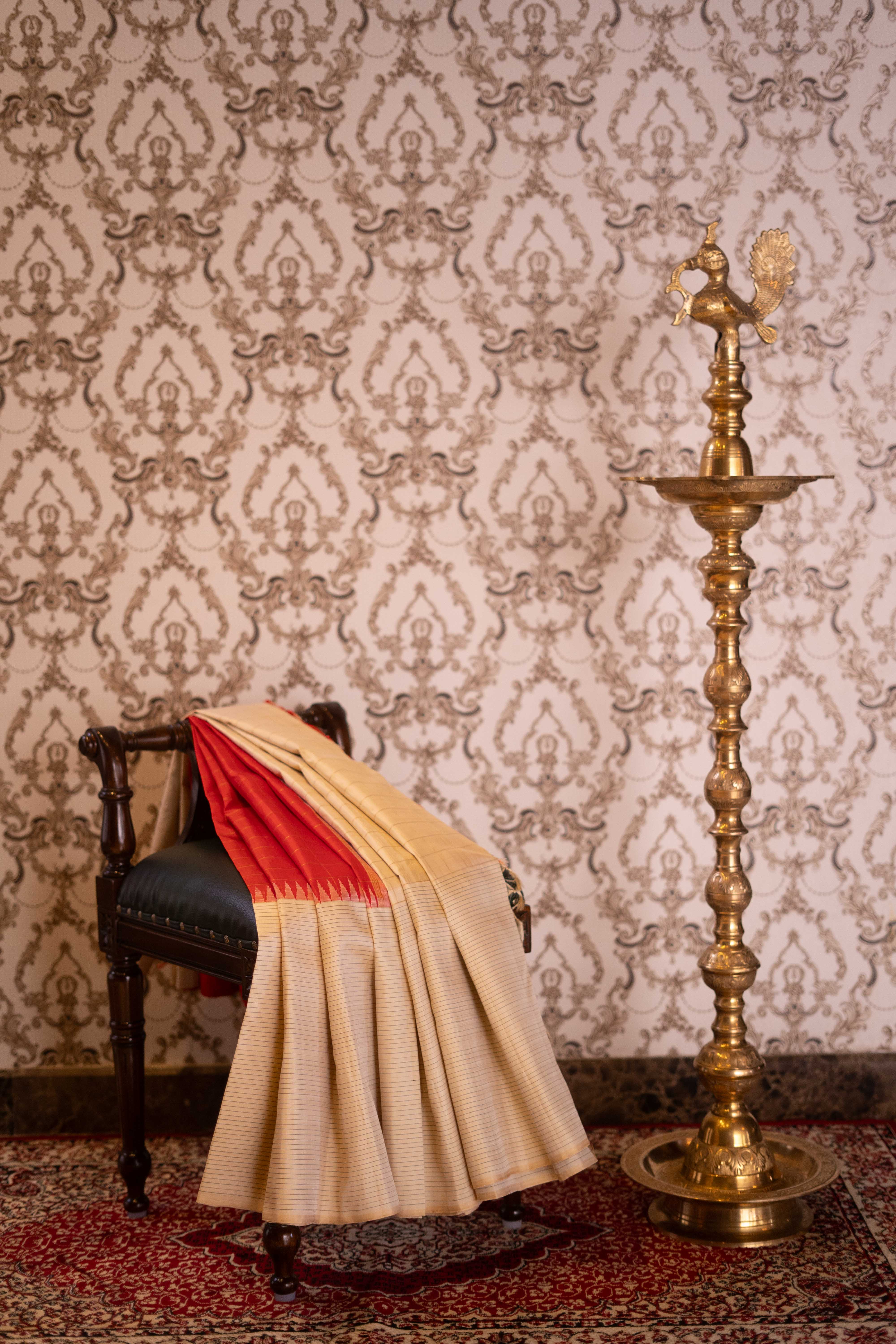 Pure Kanchipuram Silk Saree - Red And Cream Combination