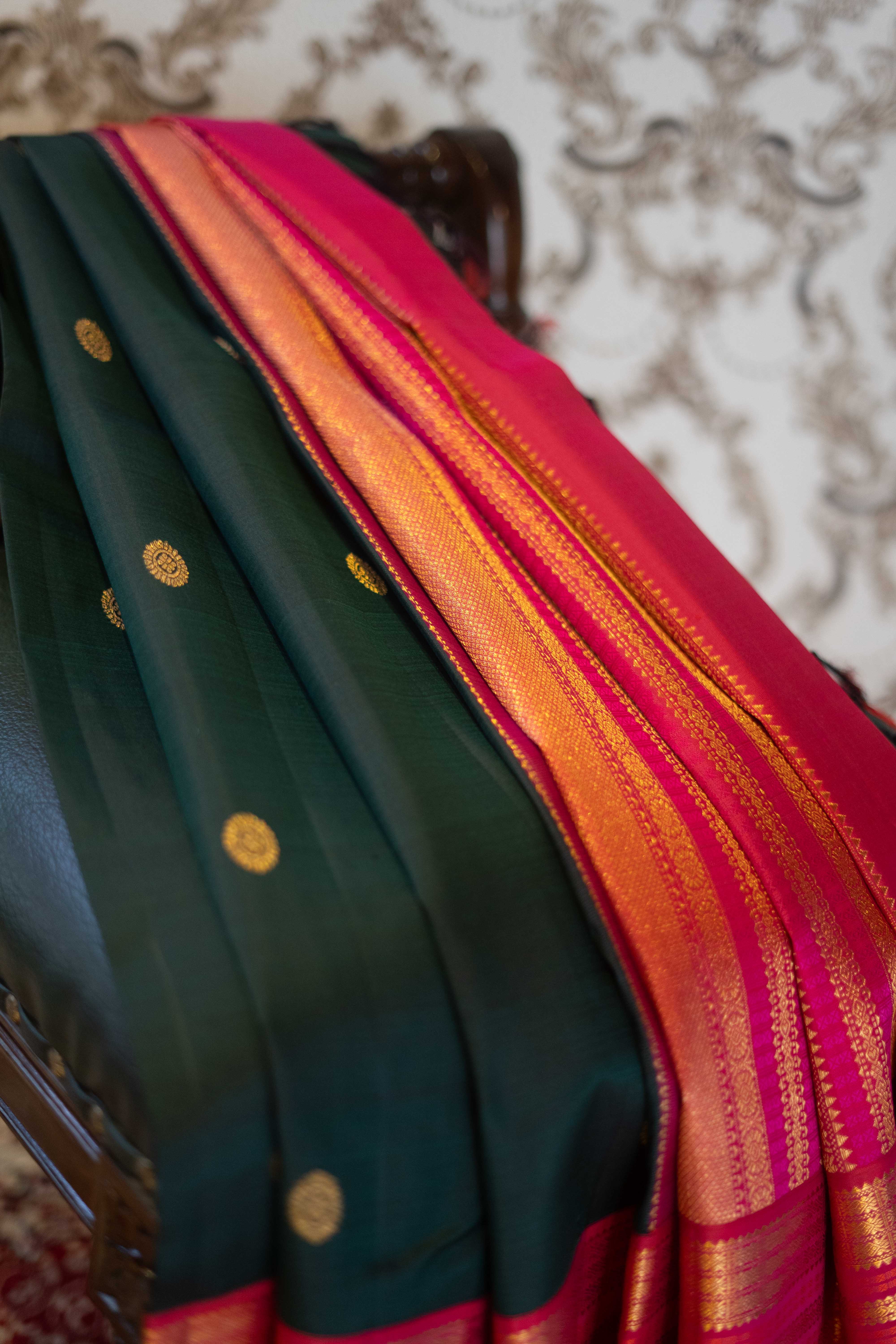 Pure Kanchivaram Saree - Bottle Green With Pink And Orange Border(Combination) And Pure Zari
