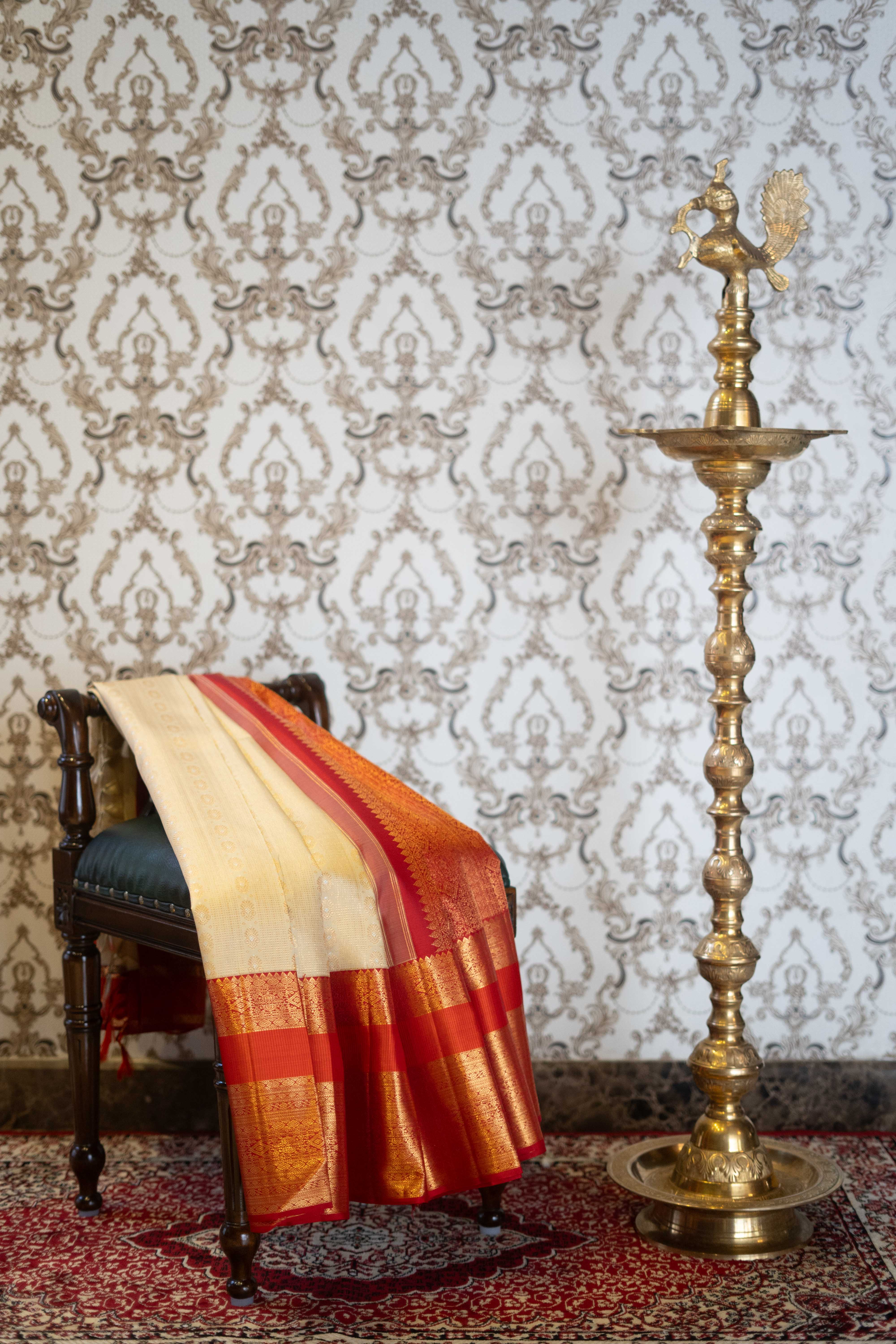 Pure Kanchivaram Saree - Cream With Orange Border