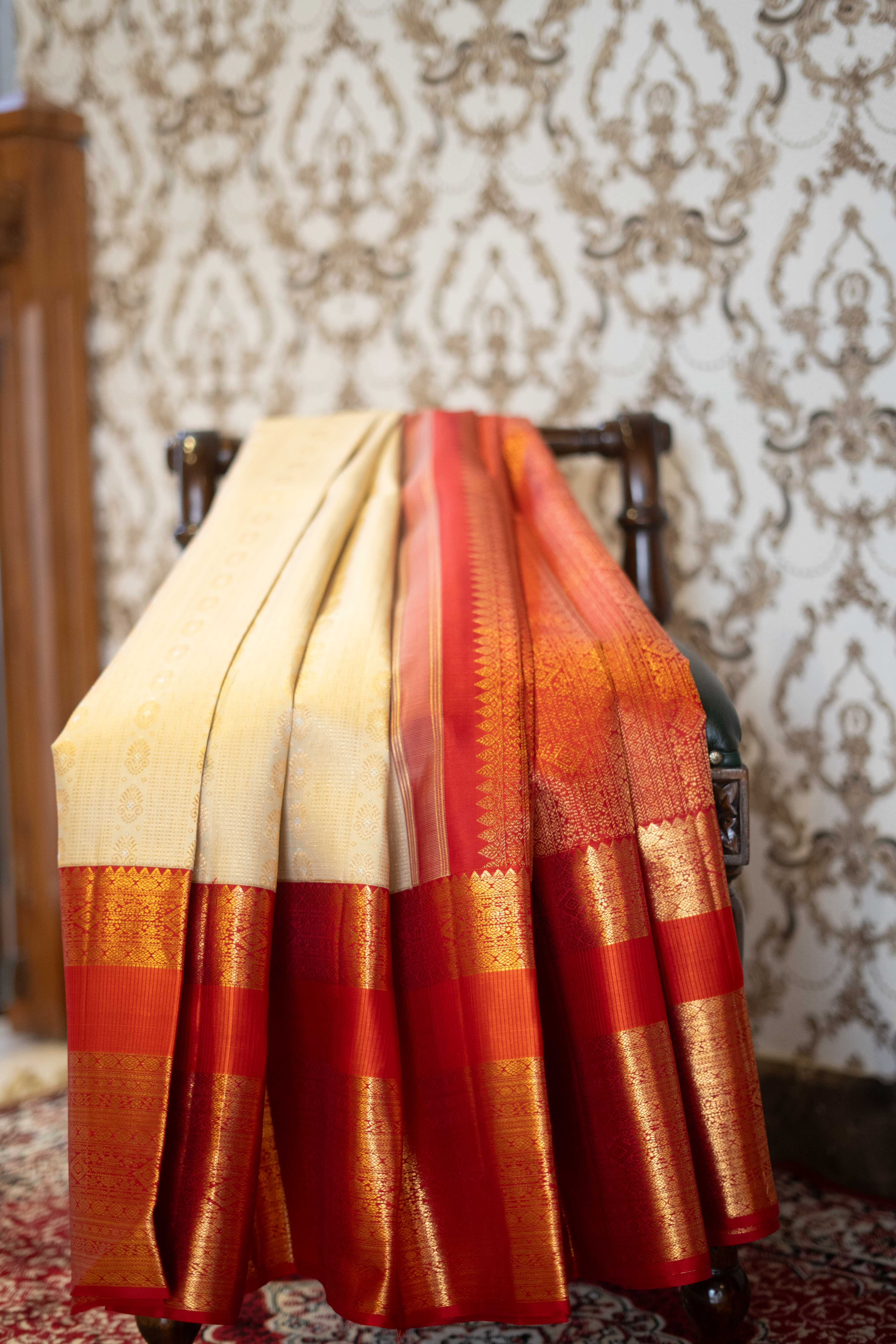Pure Kanchivaram Saree - Cream With Orange Border