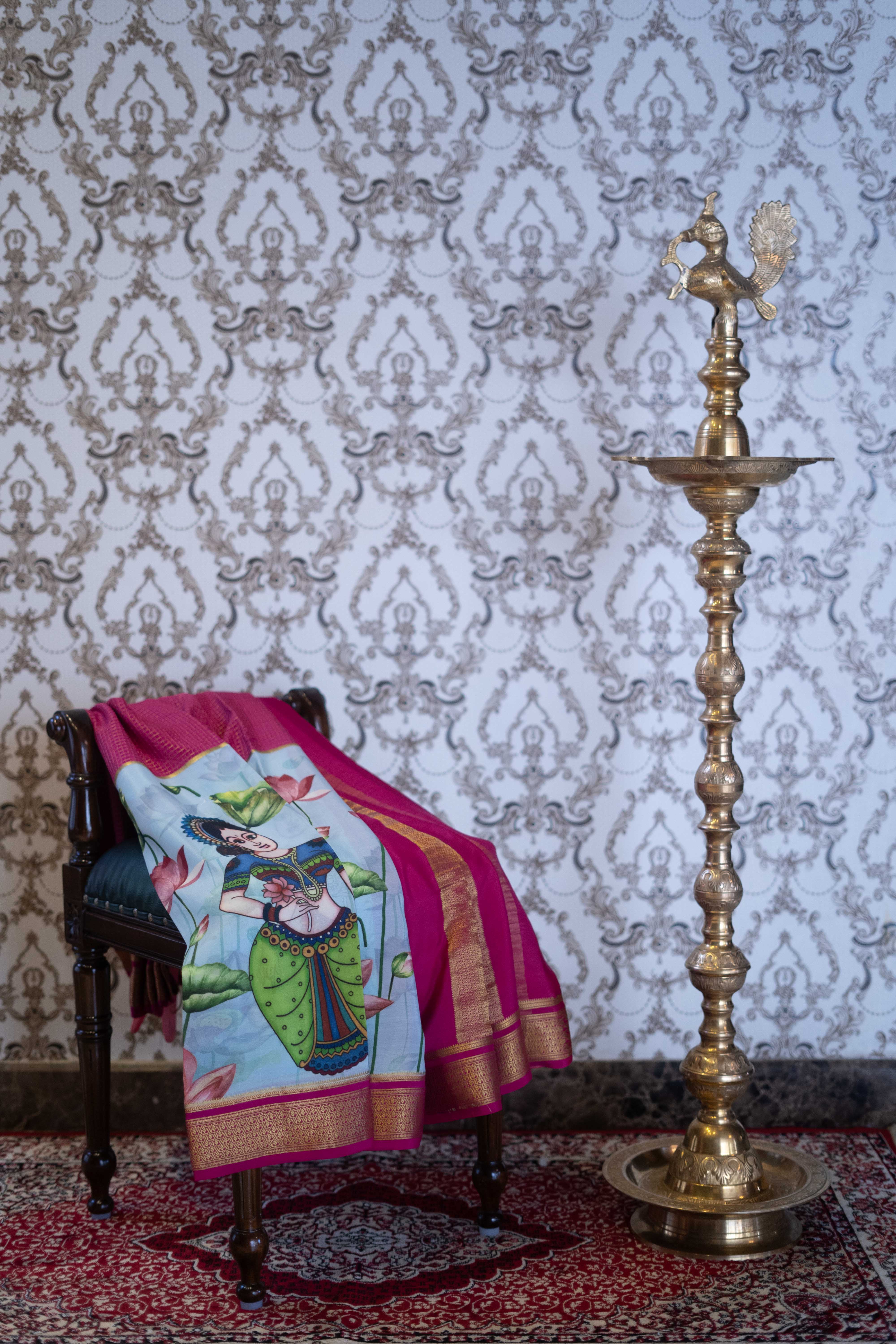 Mysore Silk Saree - Sky Blue With Pink Border