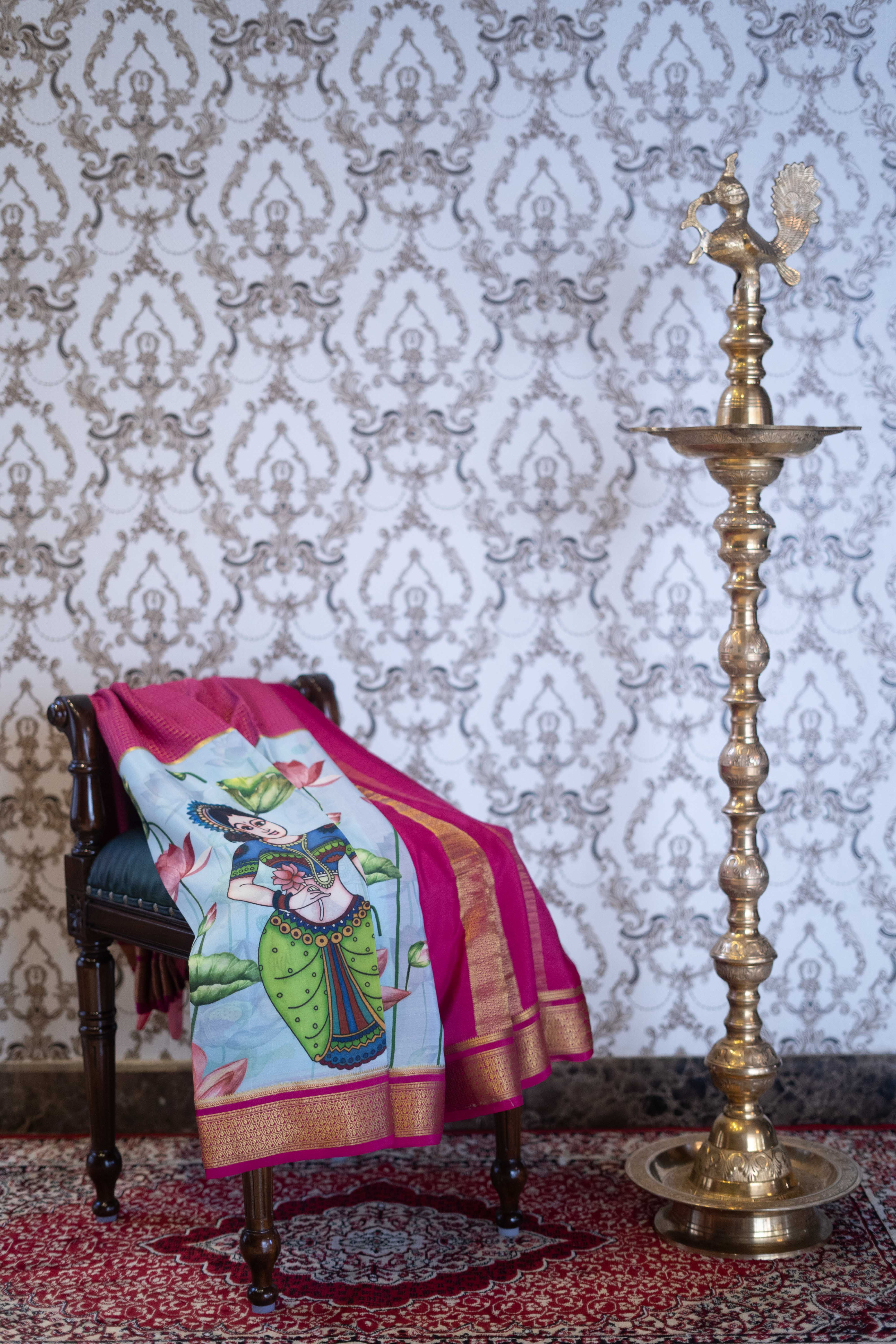 Mysore Silk Saree - Sky Blue With Pink Border