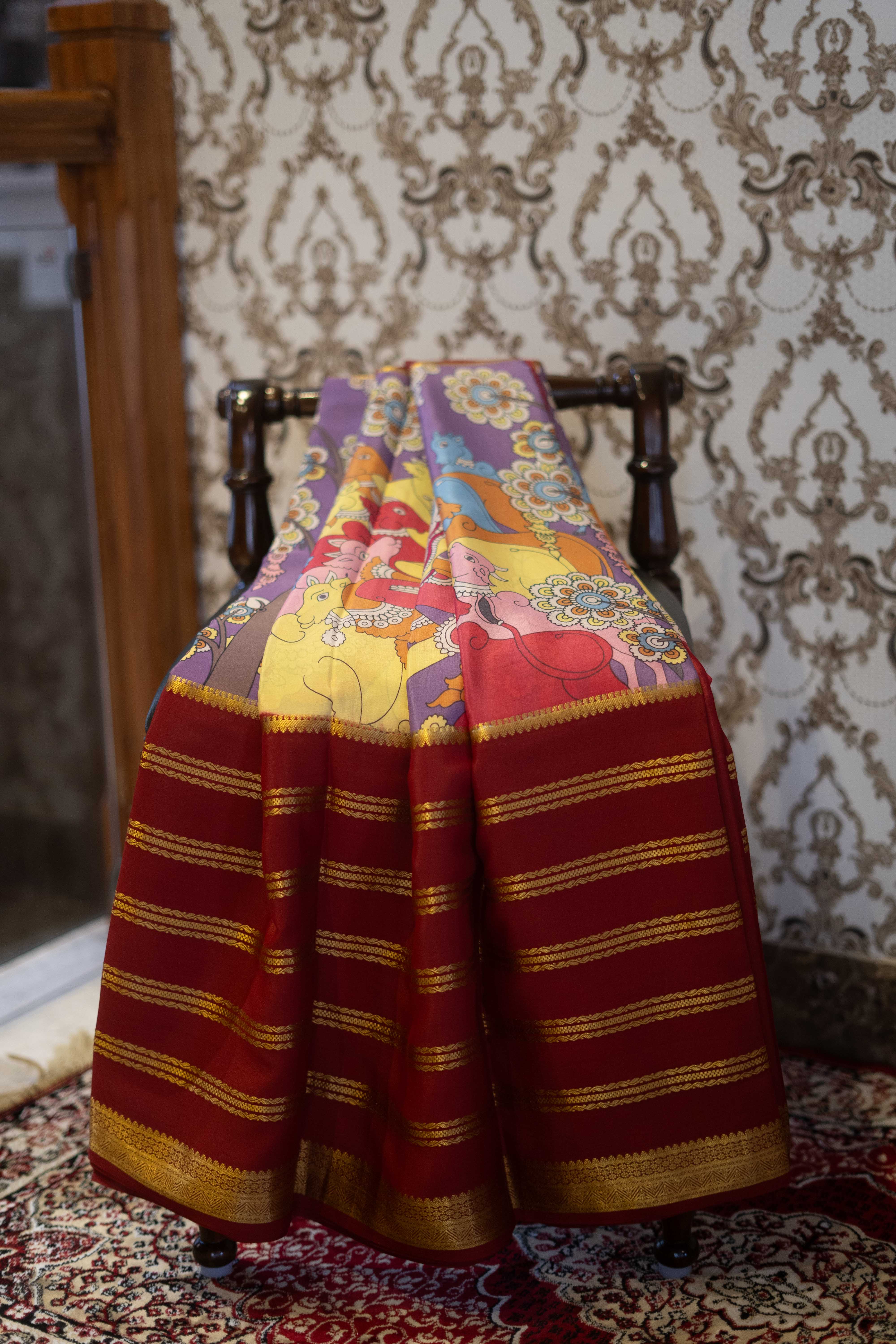 Mysore Crepe Silk Saree - Multi Colour With Maroon Border