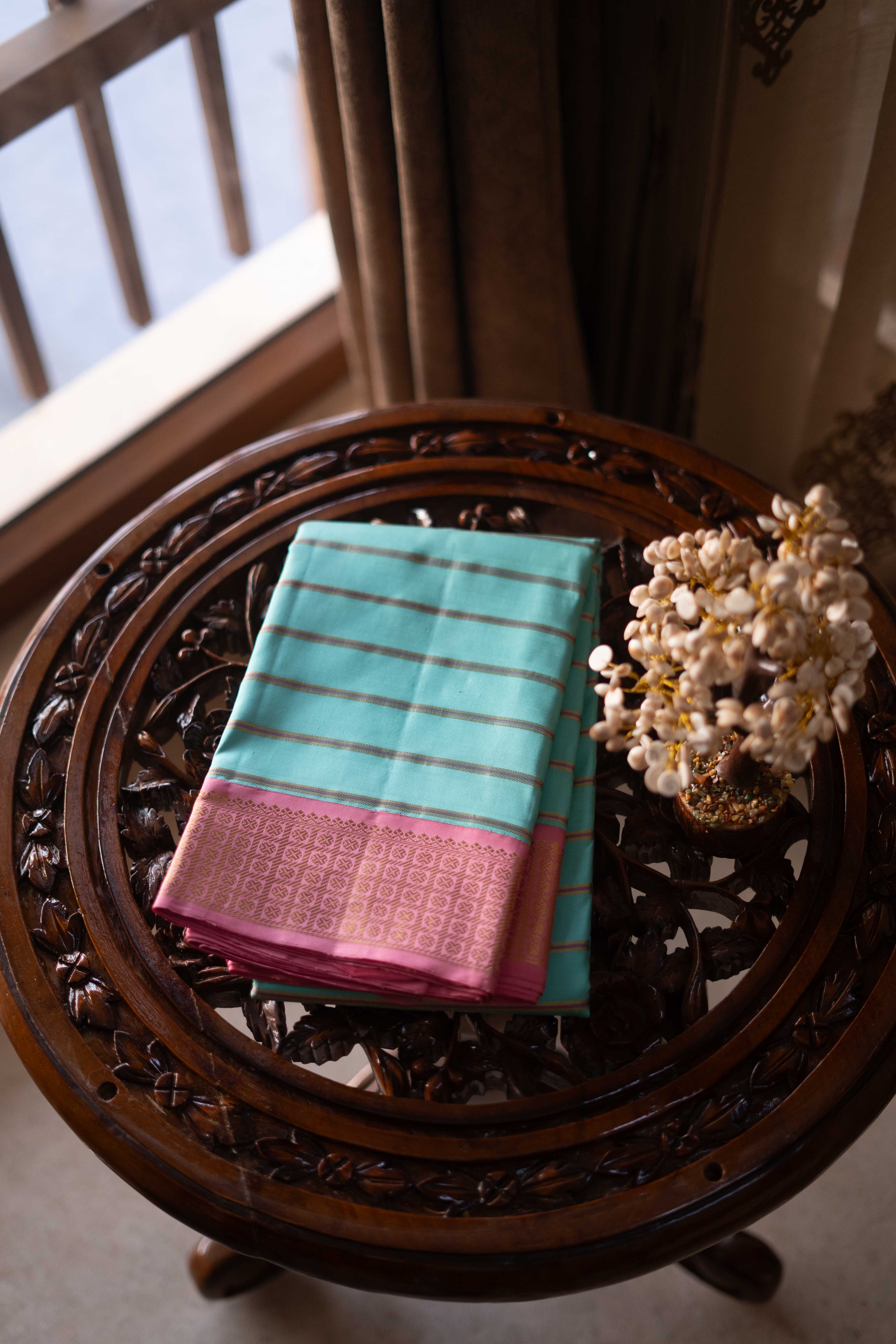 Pure Kanchipuram Silk Saree - Turquoise With Pink Border
