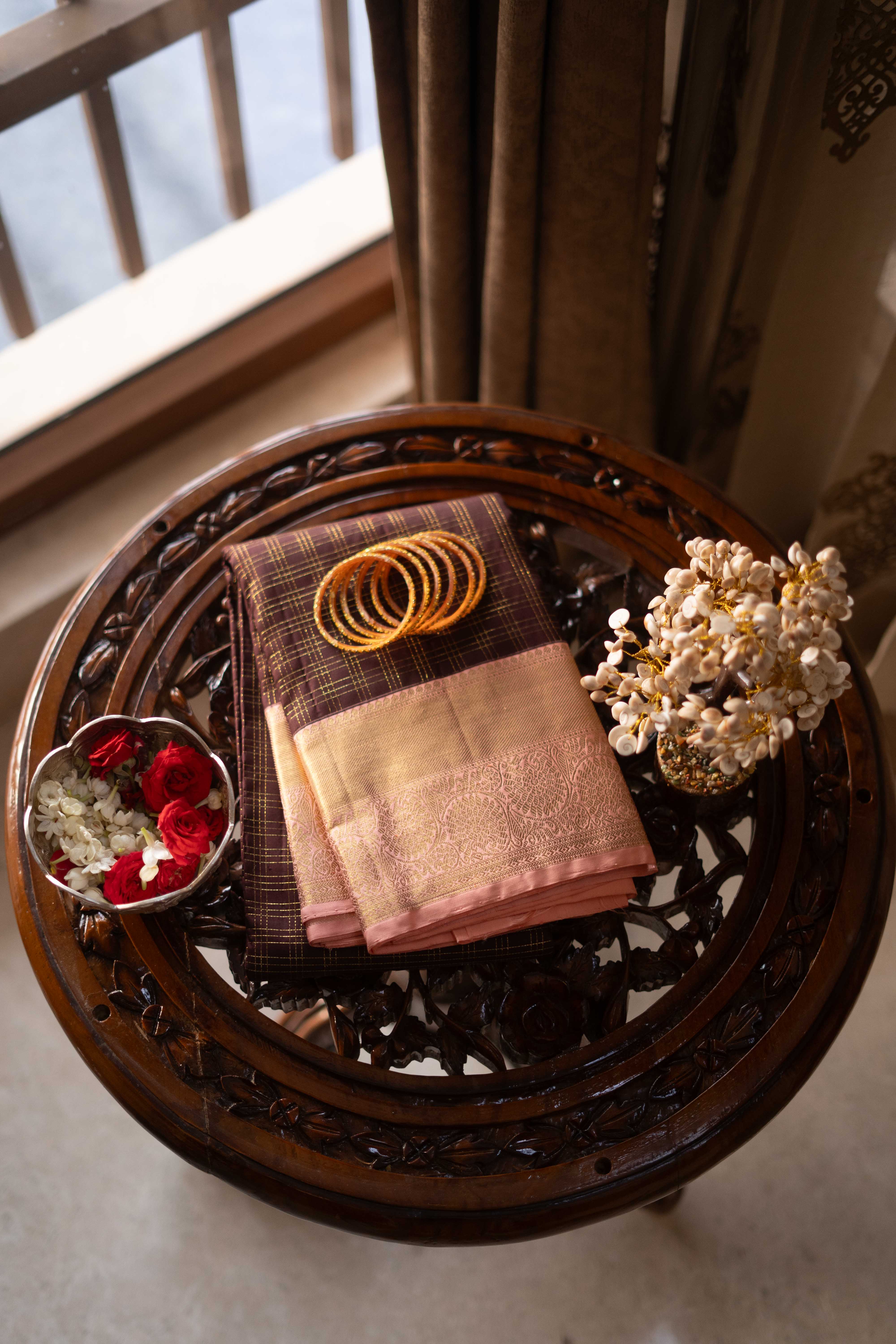 Pure Kanchipuram Silk Saree - Brown With Peach Border