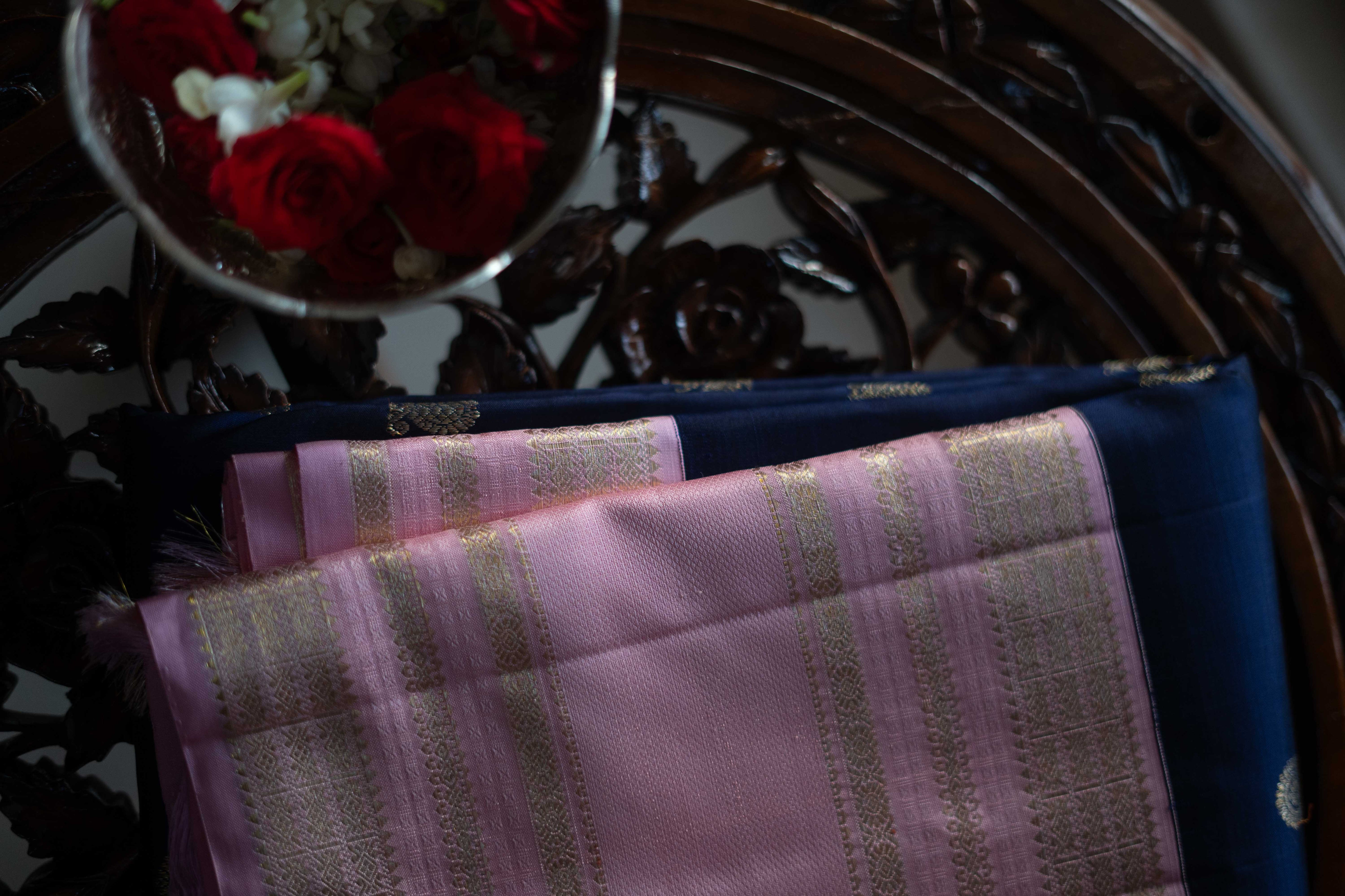 Pure Kanchivaram Saree - Ink Blue With Pink Border