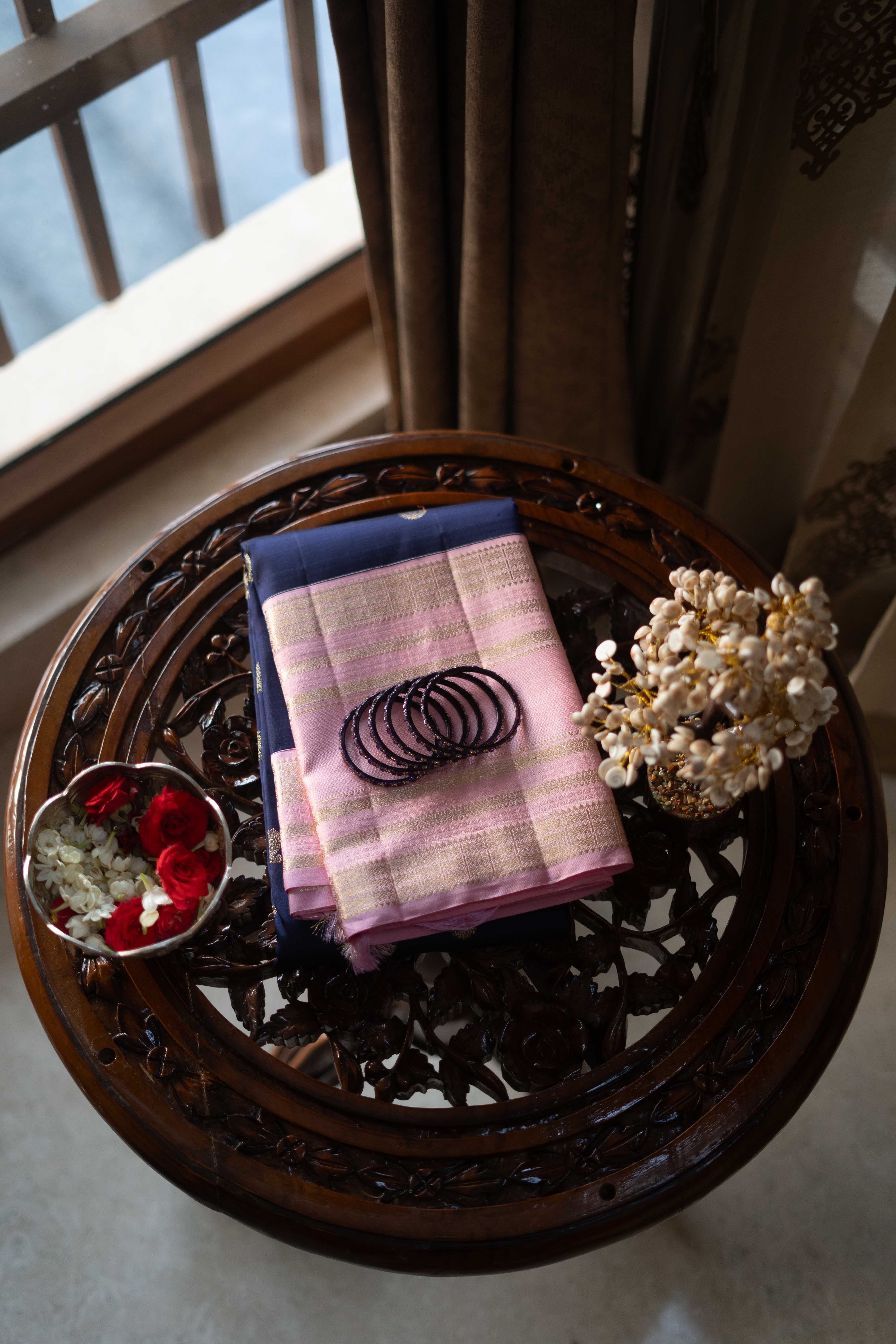 Pure Kanchivaram Saree - Ink Blue With Pink Border