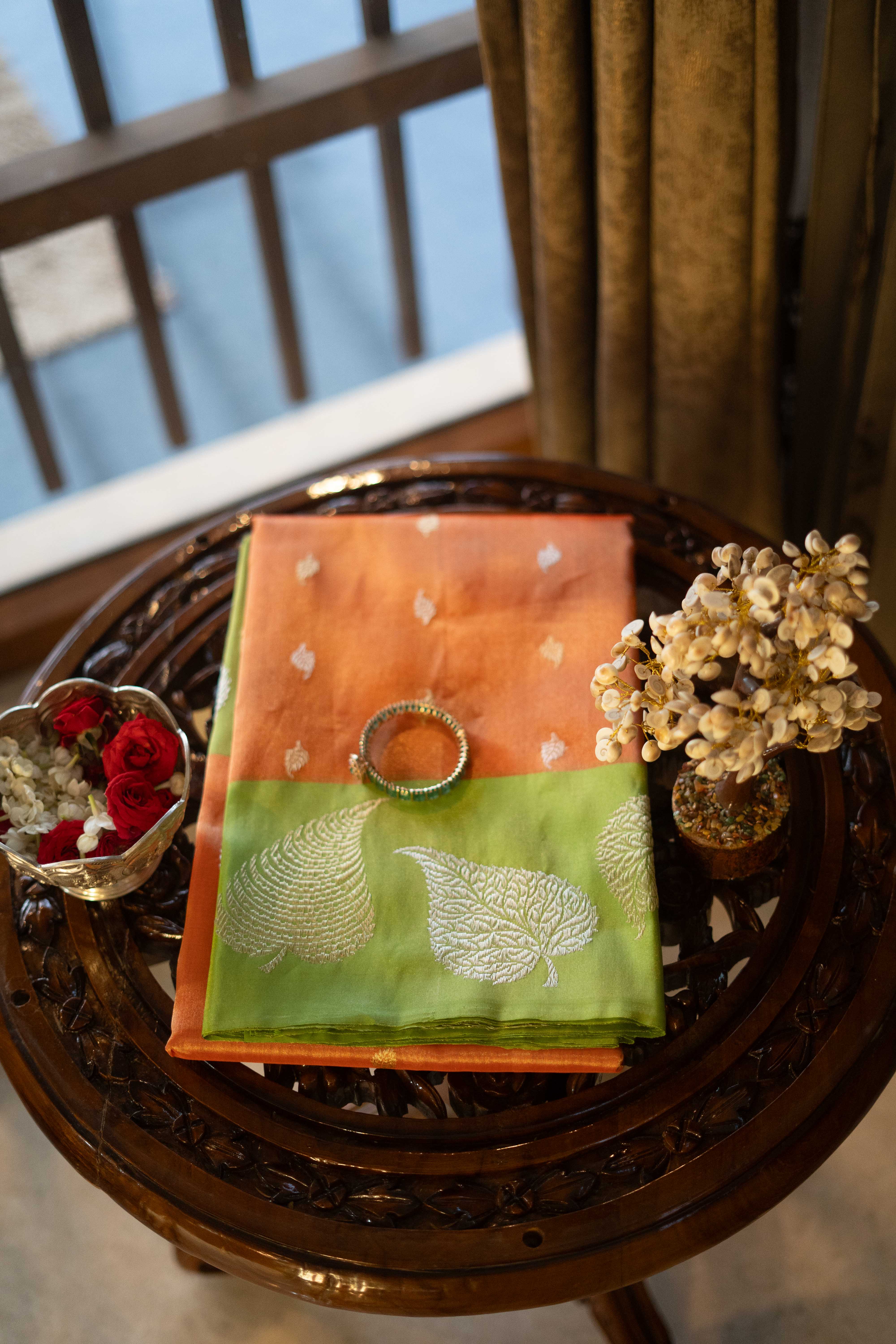 Banaras Katan Silk Saree - Orange With Green Border