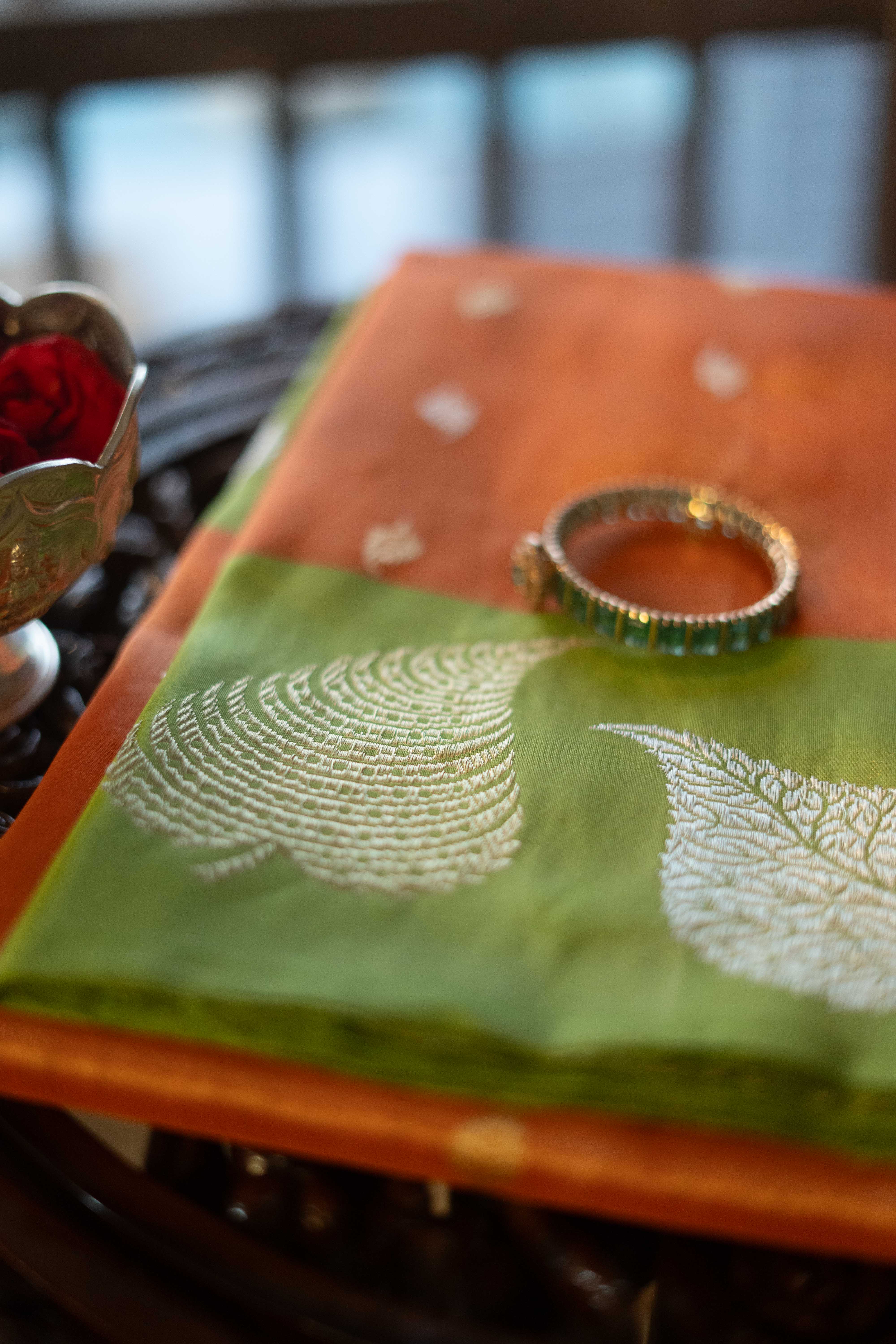 Banaras Katan Silk Saree - Orange With Green Border
