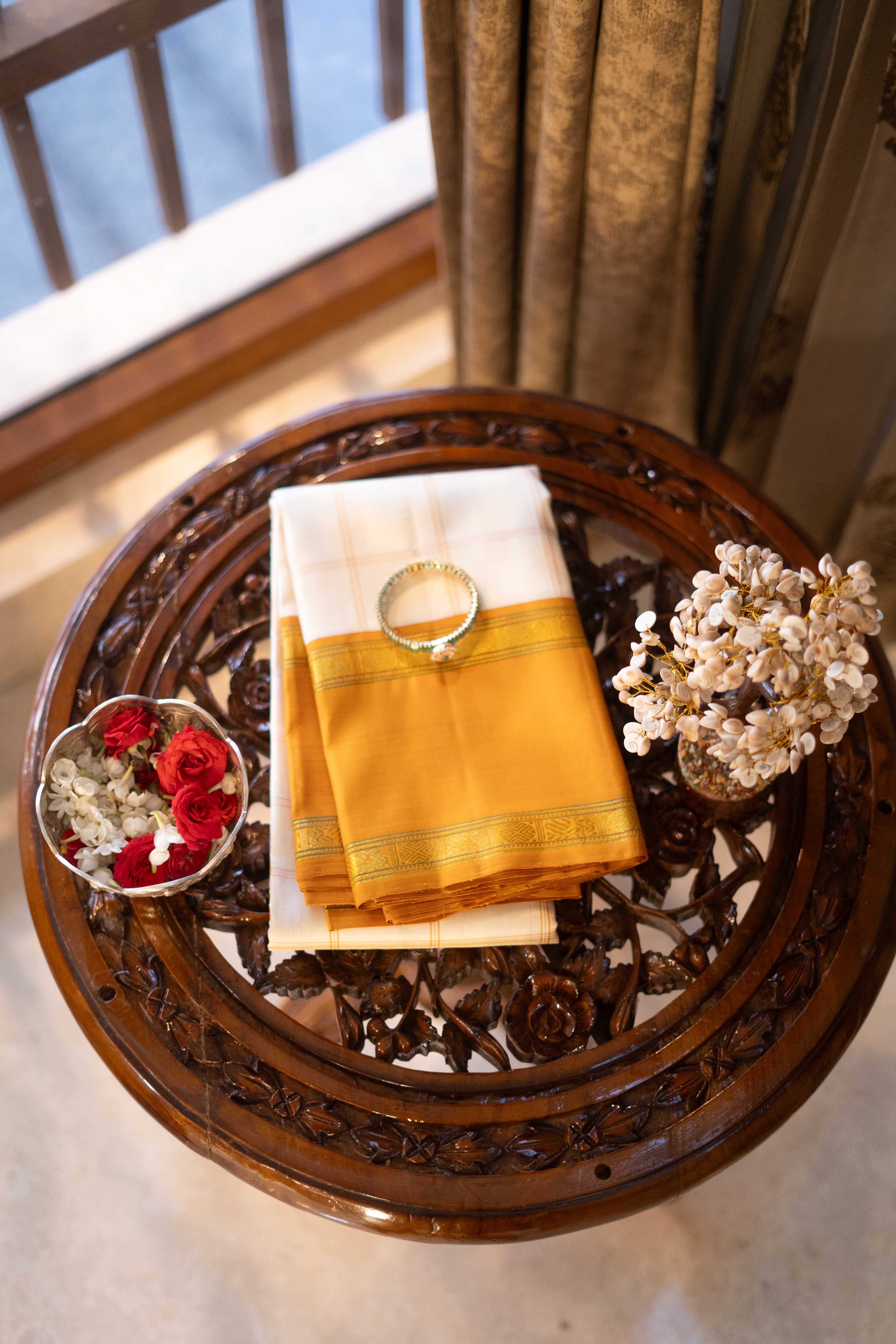 Pure Kanchivaram Saree - Cream With Mustard Yellow