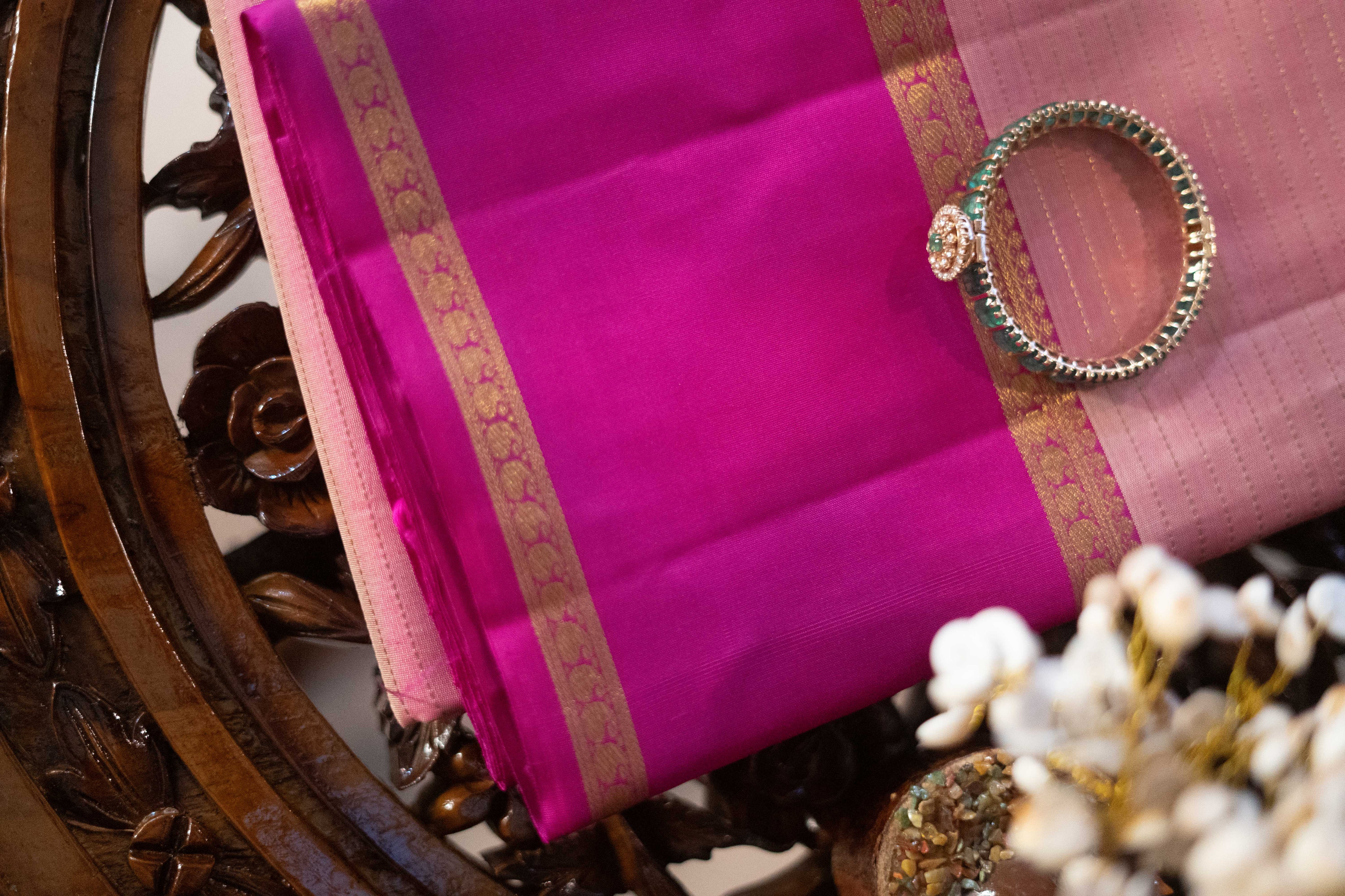 Pure Kanchipuram Silk Saree - Light Pink With Dark Pink Border