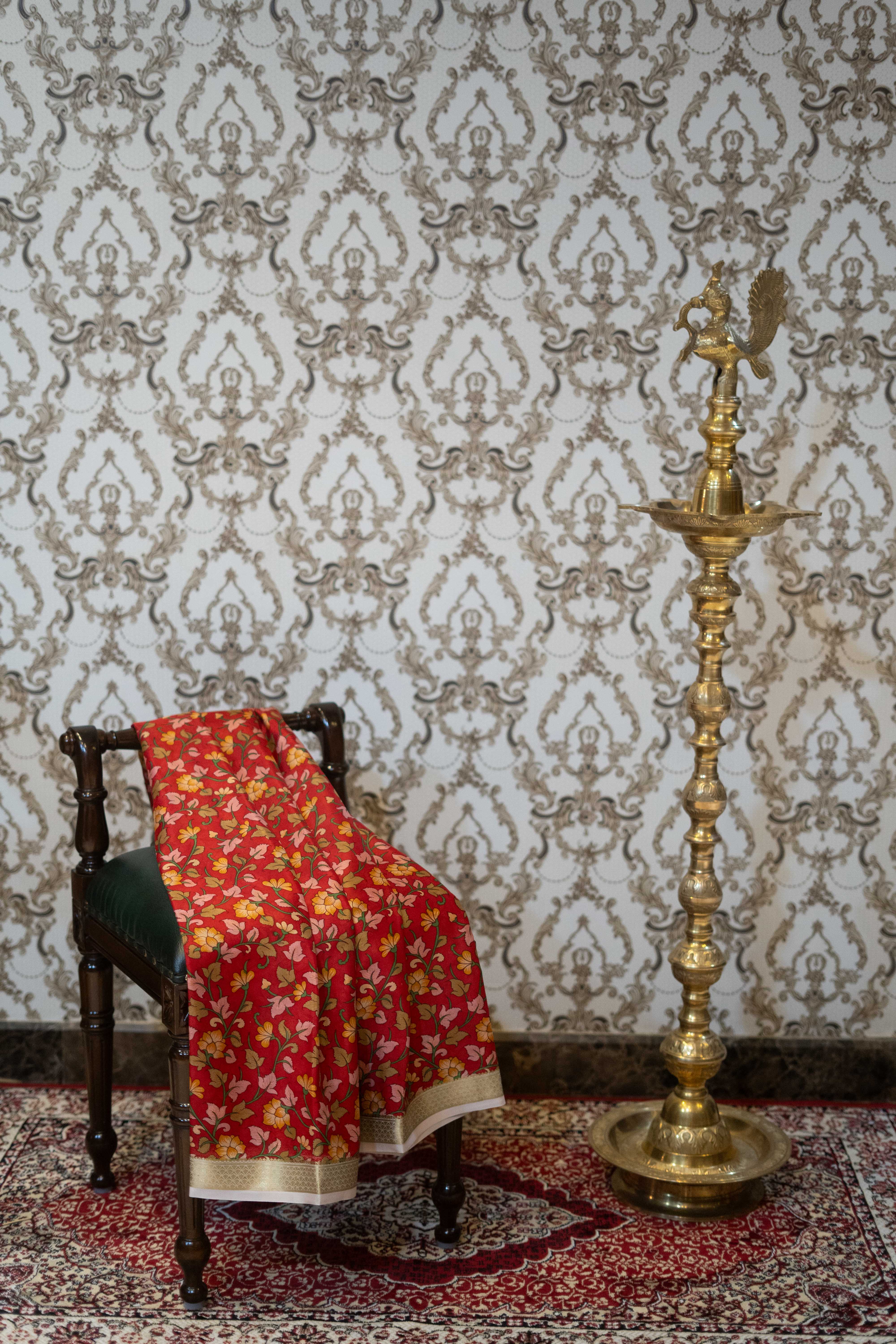 Crepe Mysore Silk Saree - Red Floral Print With Small Zari Border