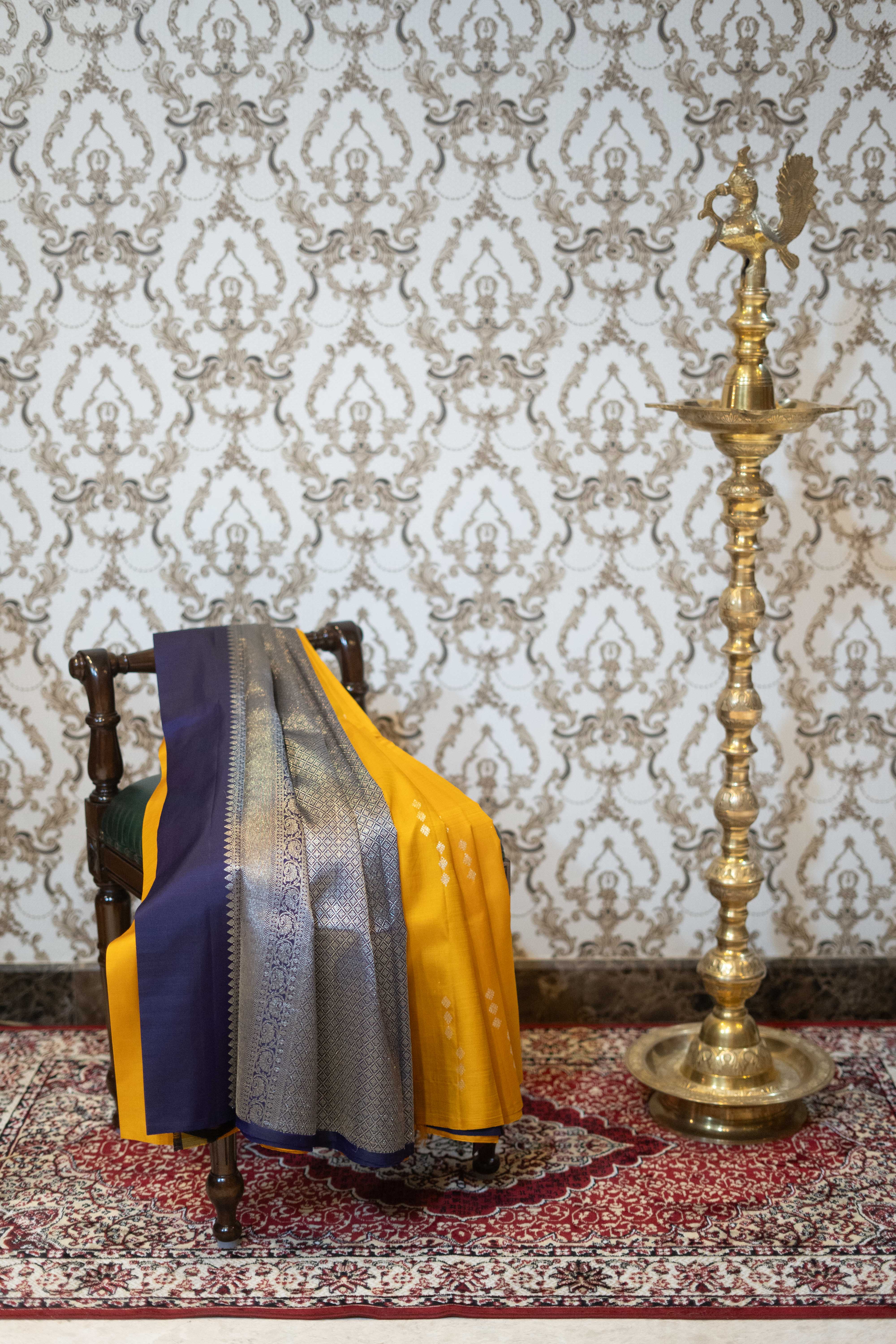 Pure Kanchipuram Silk Saree - Yellow With Purple Border