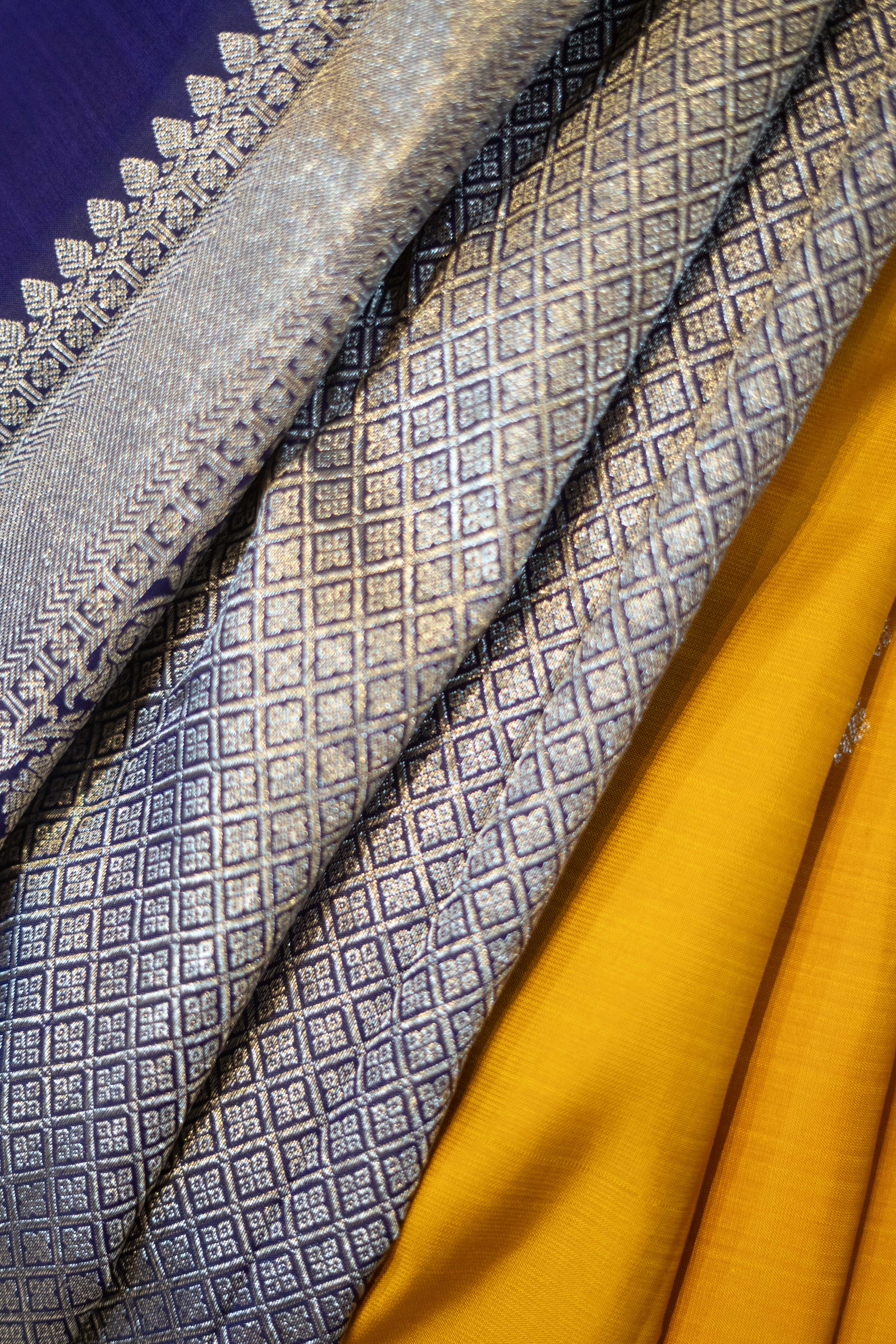 Pure Kanchipuram Silk Saree - Yellow With Purple Border