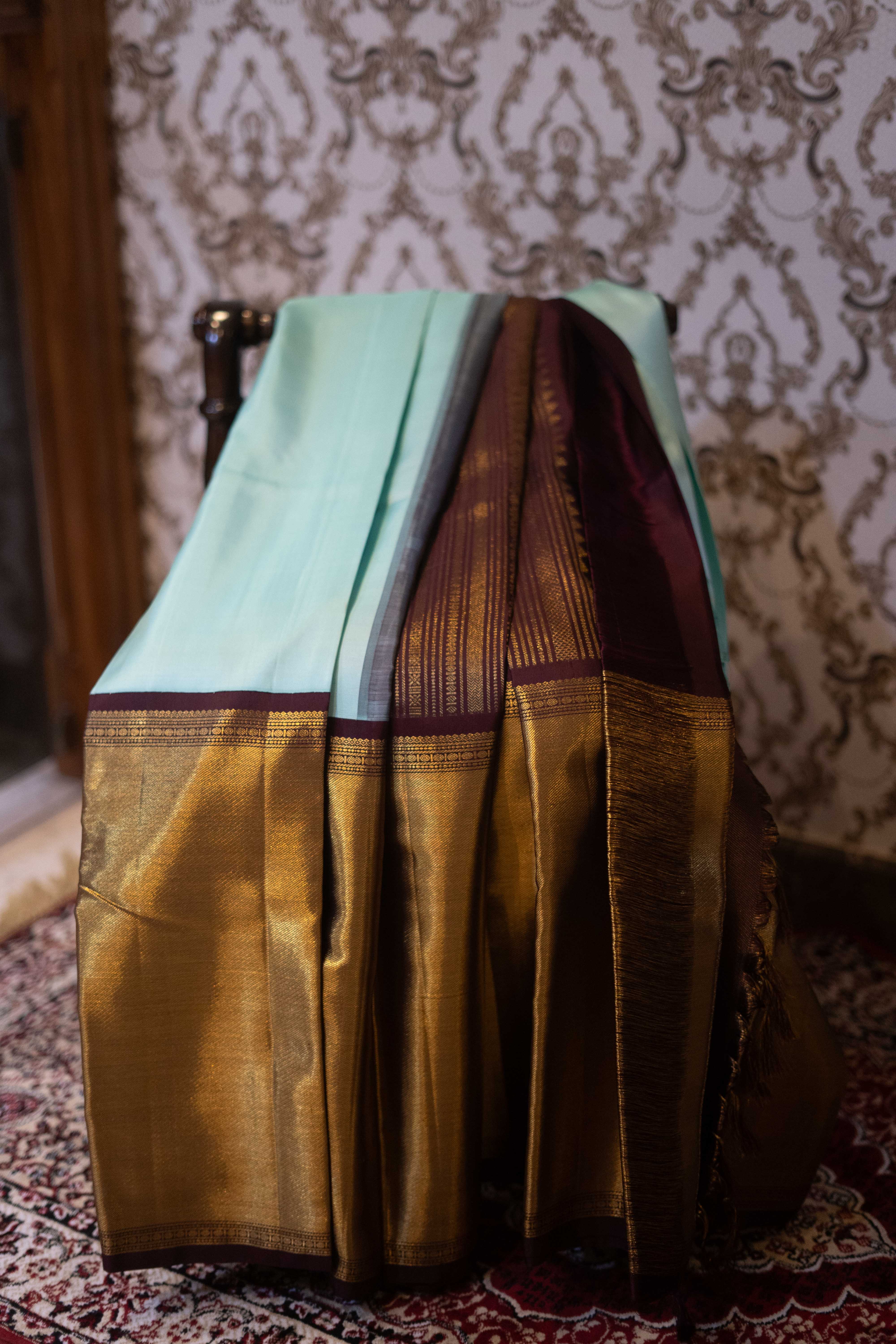 Pure Kanchivaram Saree - Aqua Blue With Maroon Border