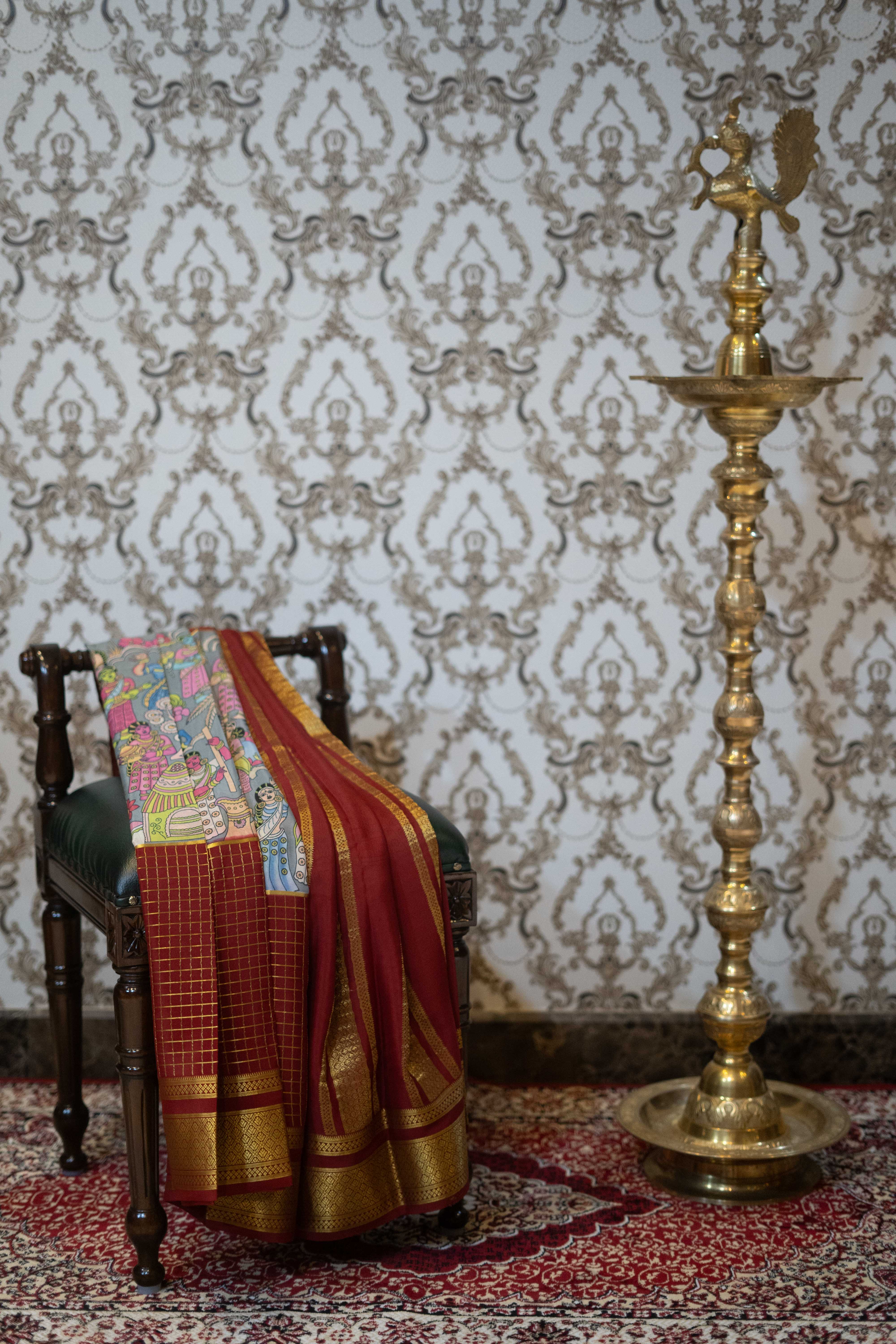 Mysore Silk Saree - Grey With Maroon Border
