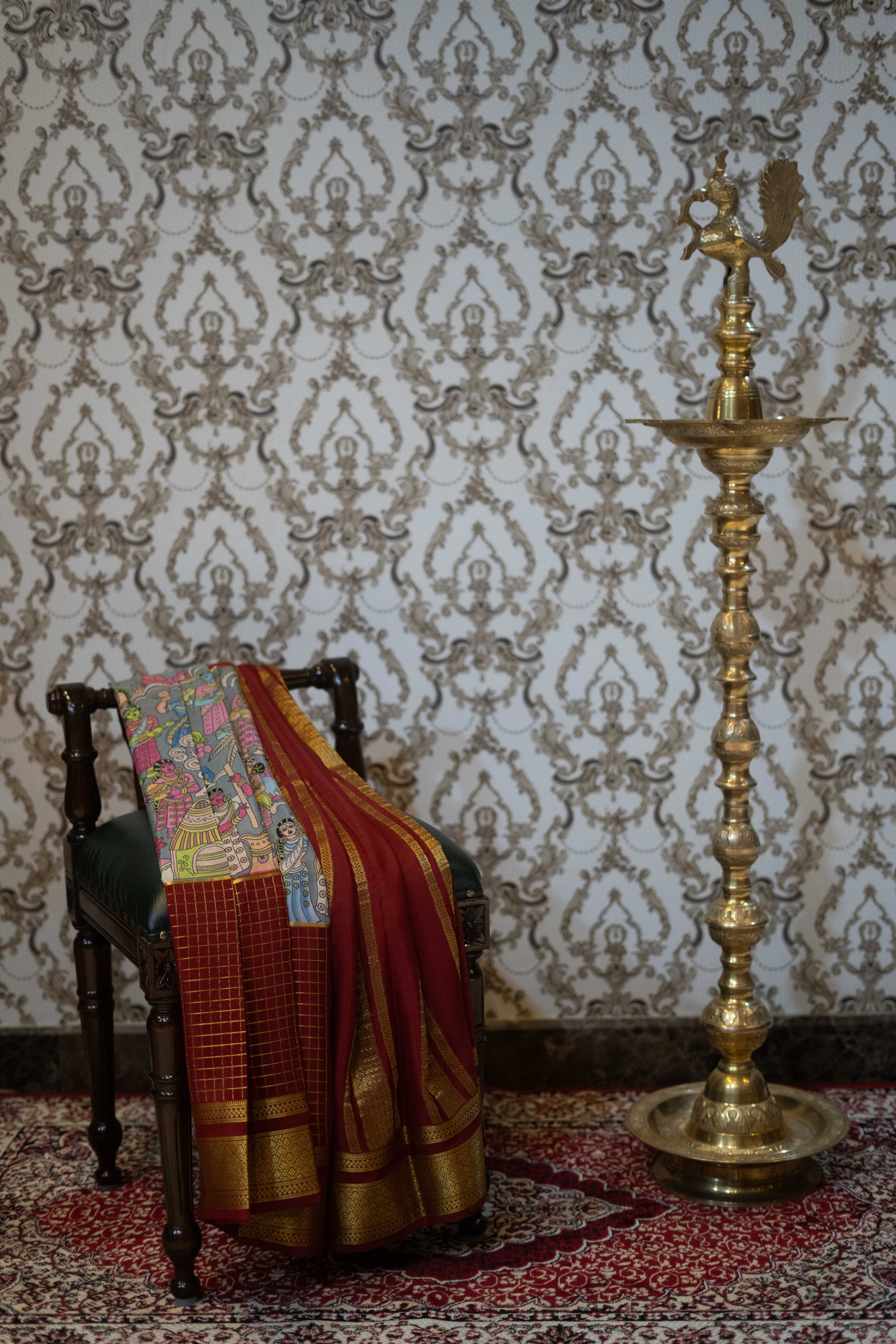 Mysore Silk Saree - Grey With Maroon Border