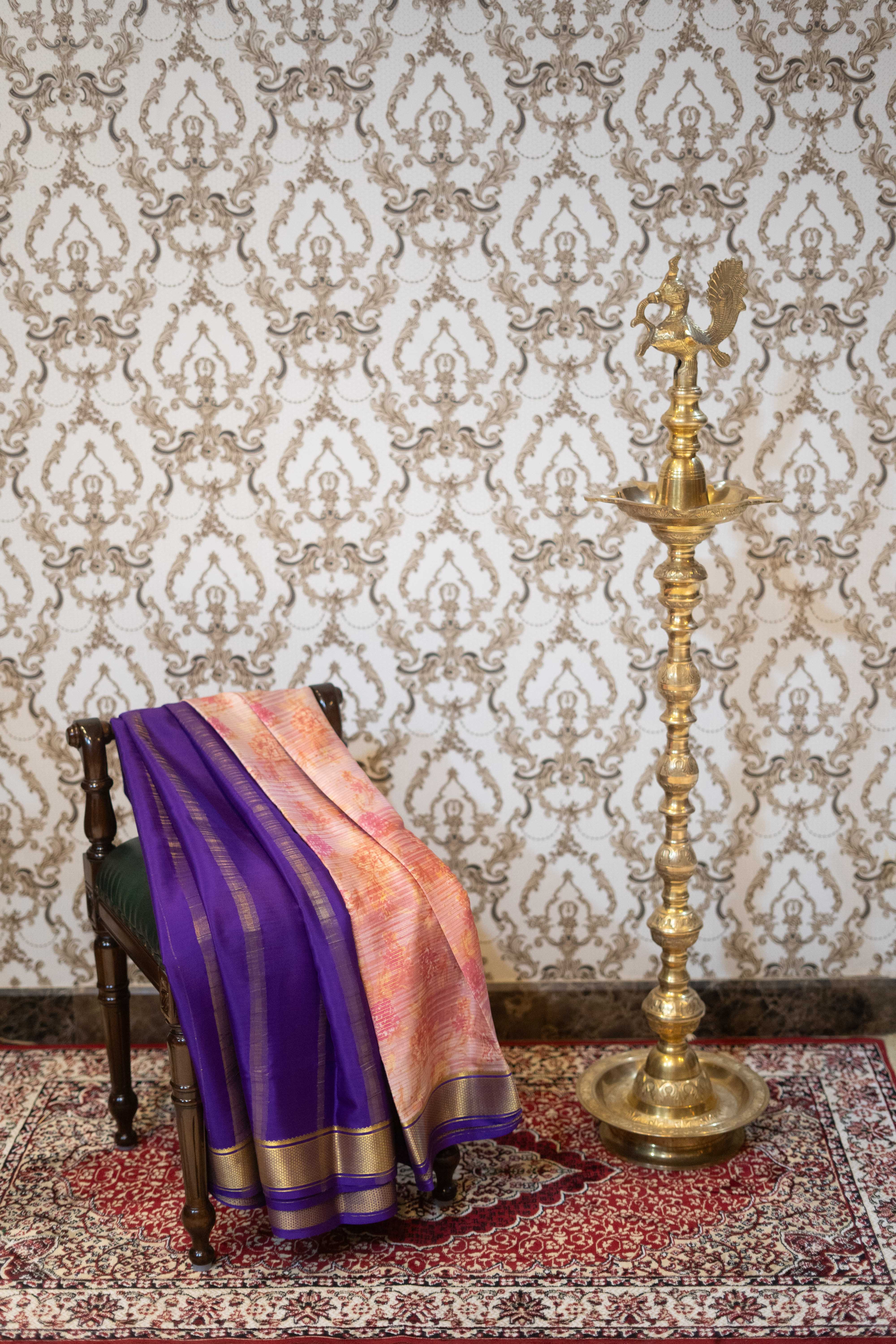 Mysore Silk Saree - Peach-Pink With Purple Border