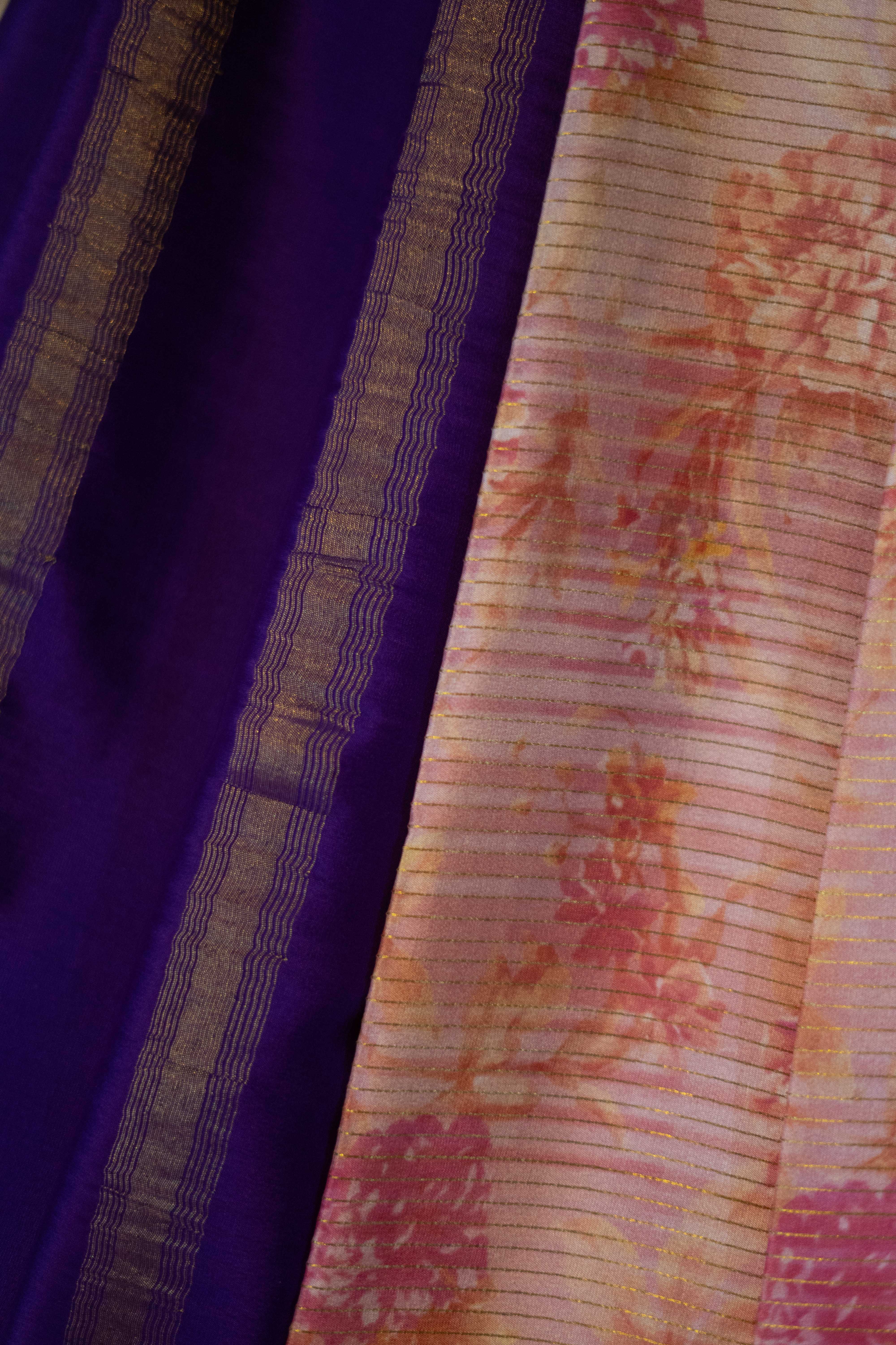 Mysore Silk Saree - Peach-Pink With Purple Border